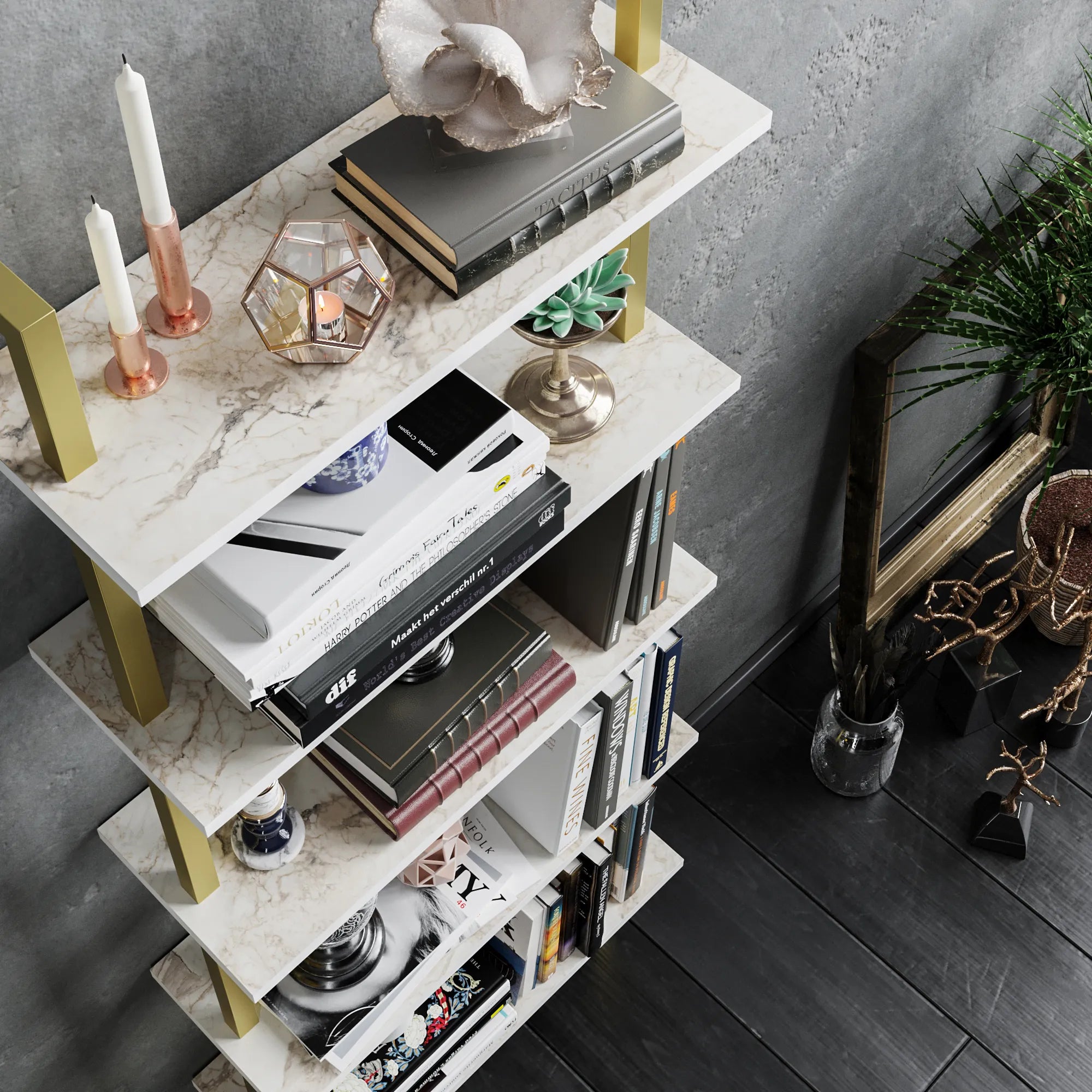 piante ladder bookcase white marble effect gold top