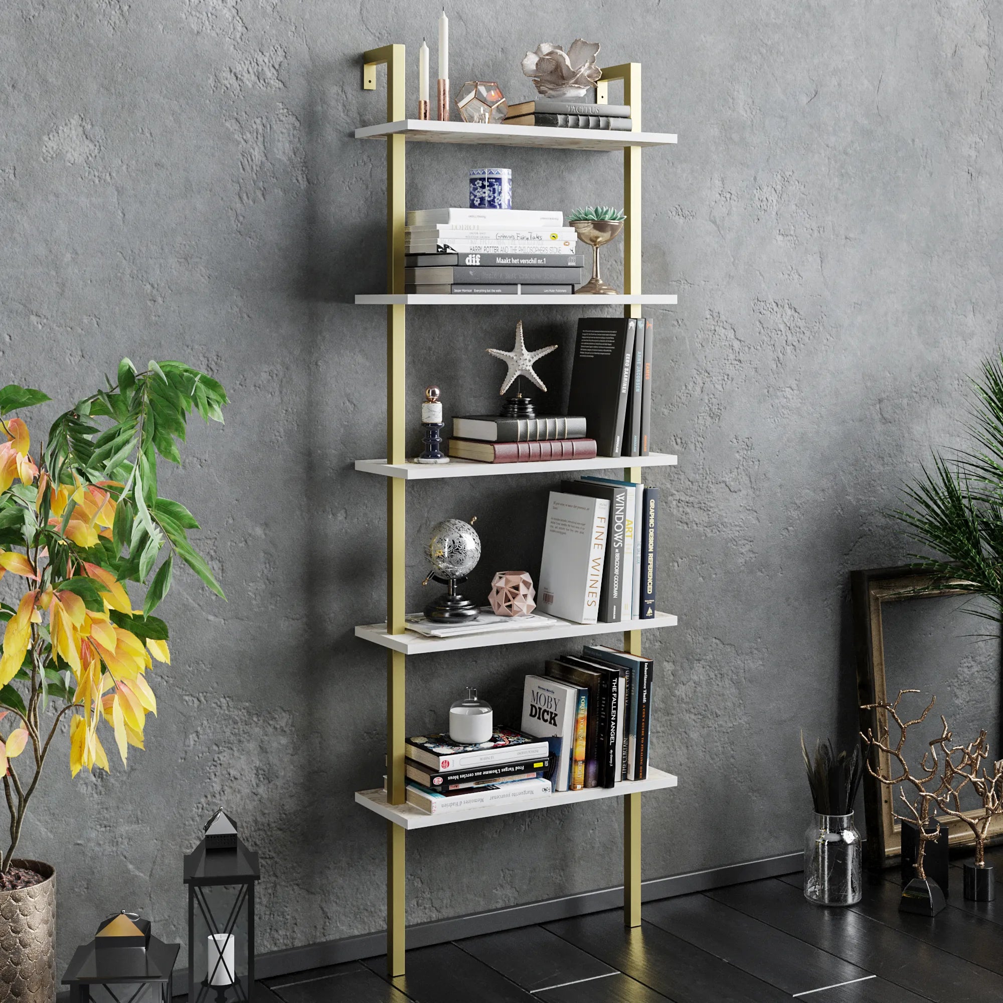 piante ladder bookcase white marble effect gold angle
