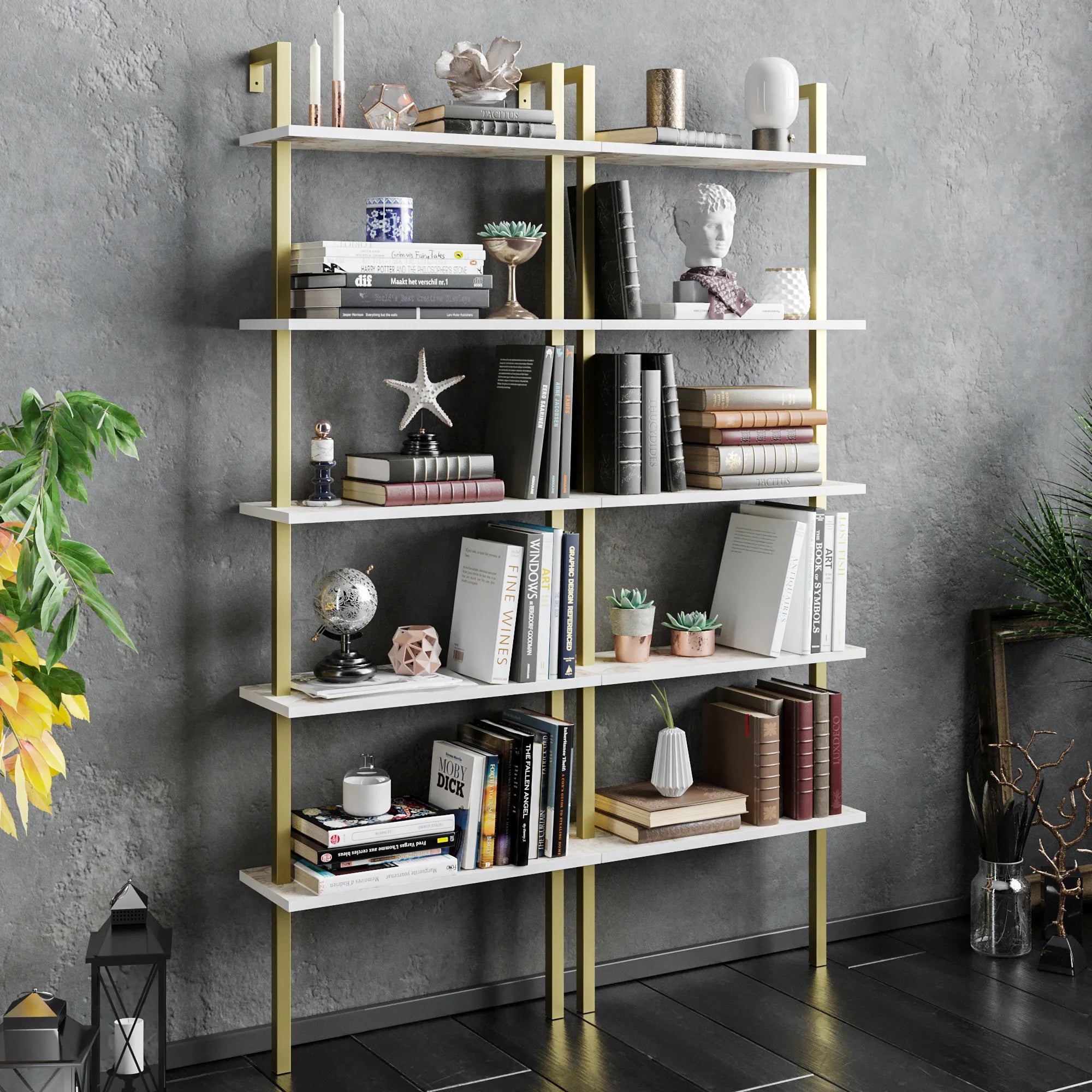 piante ladder bookcase white marble effect gold double