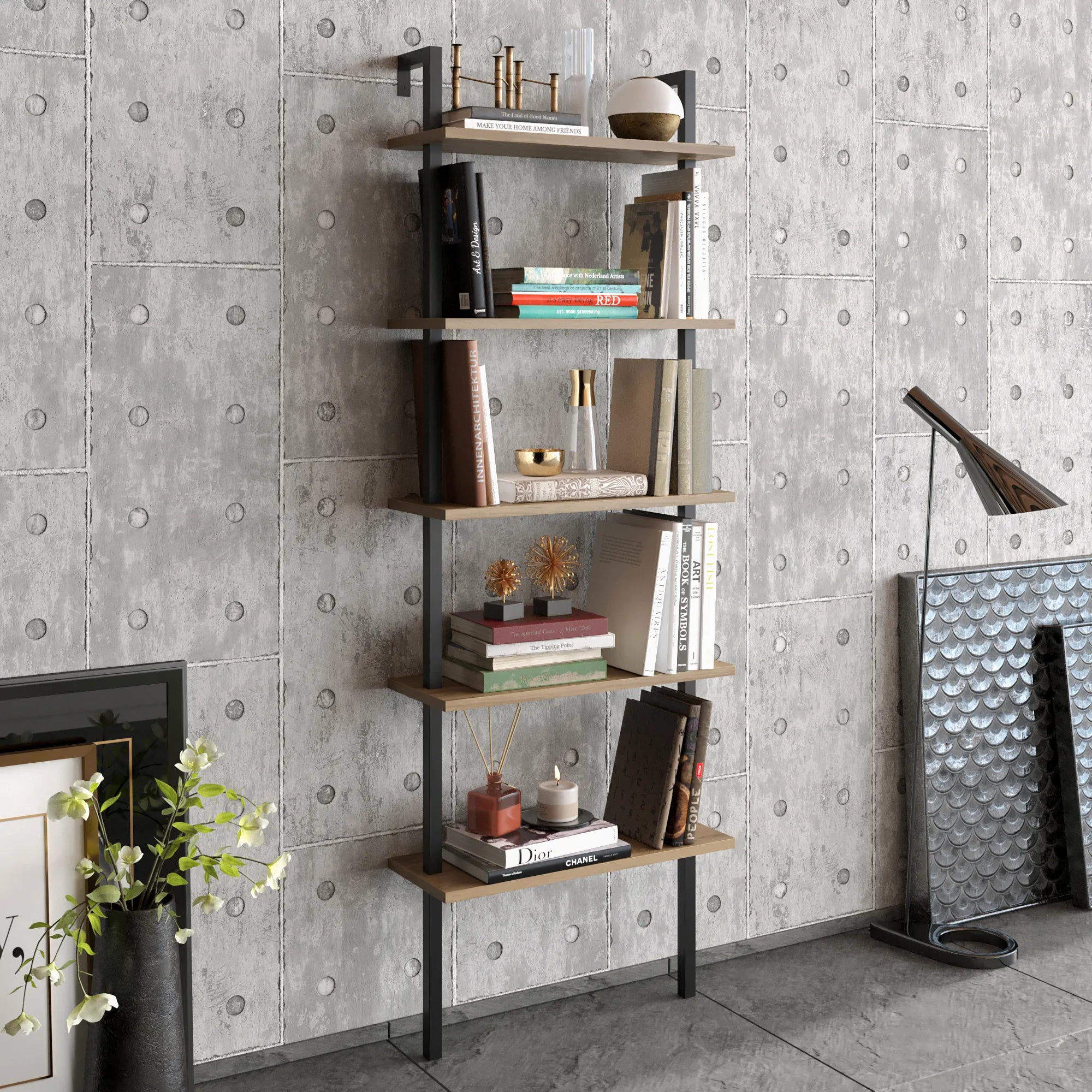 Piante 68 inches Tall Metal Manufactured Wood Accent Ladder Bookcase