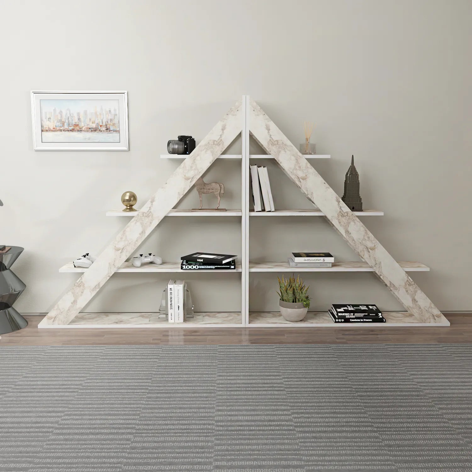 White triangle bookshelf deals