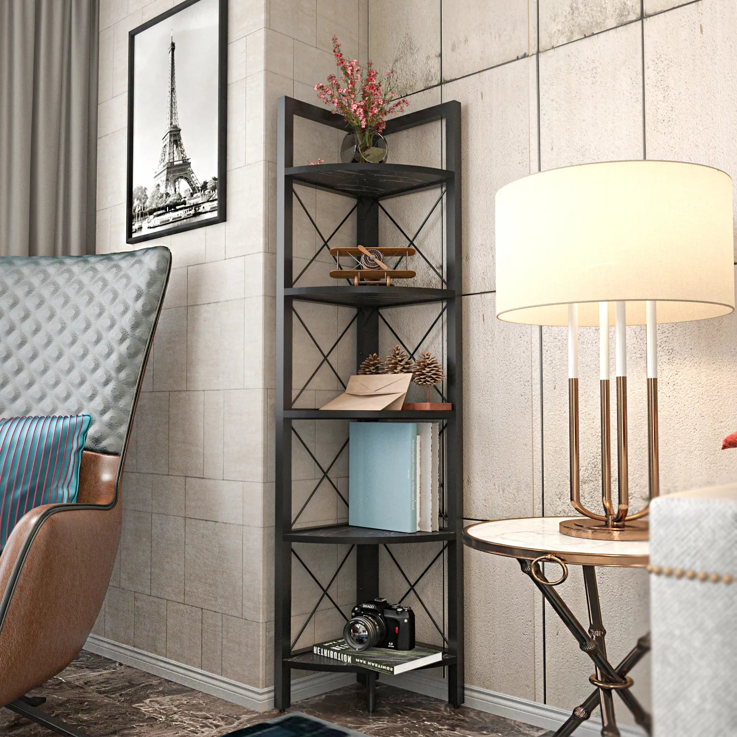 Remo 63 inch Tall Industrial Corner Bookcase with Metal Frame