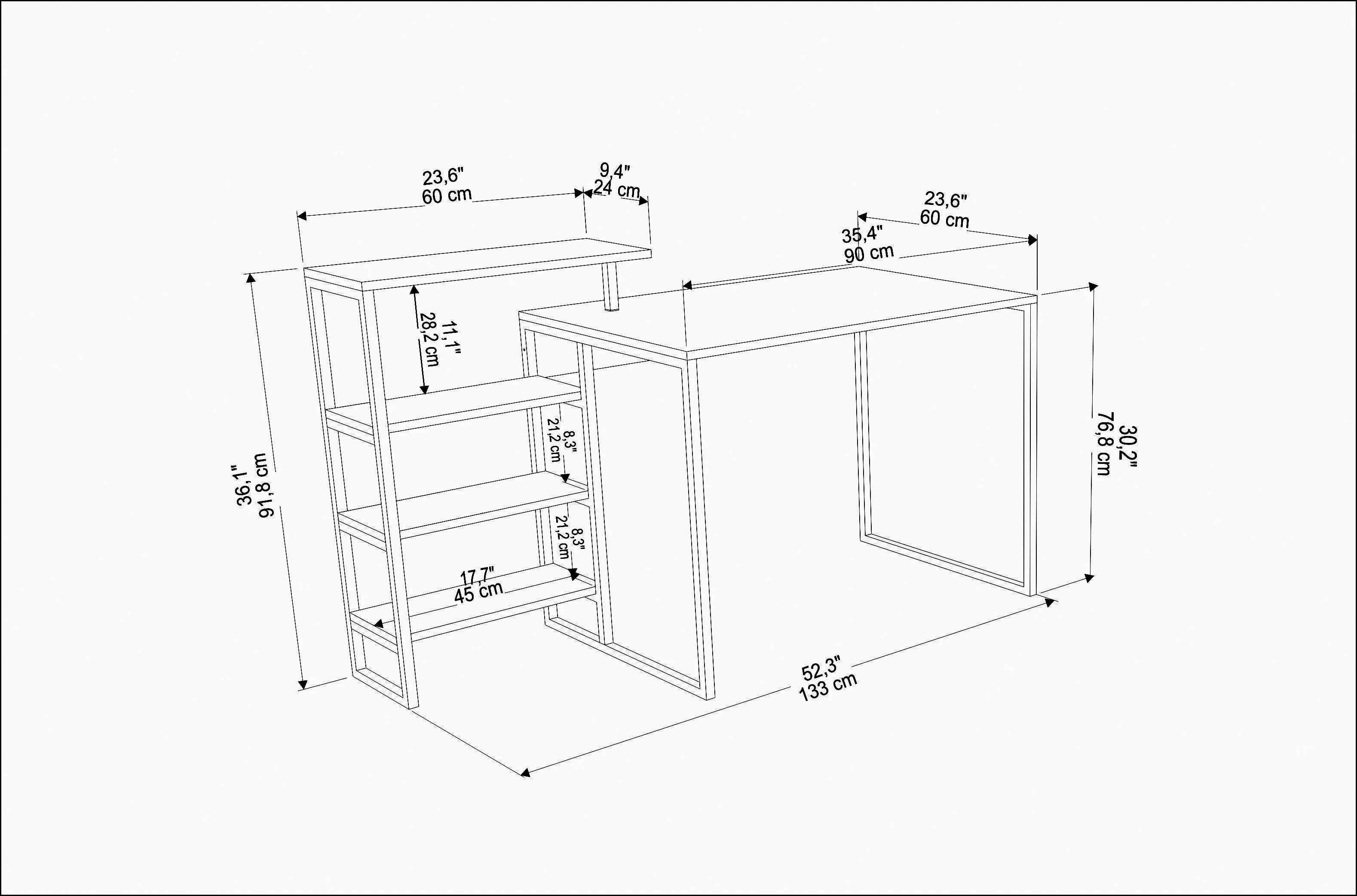 Rino 52 inch Wide Industrial Computer Writing Desk with Bookshelf