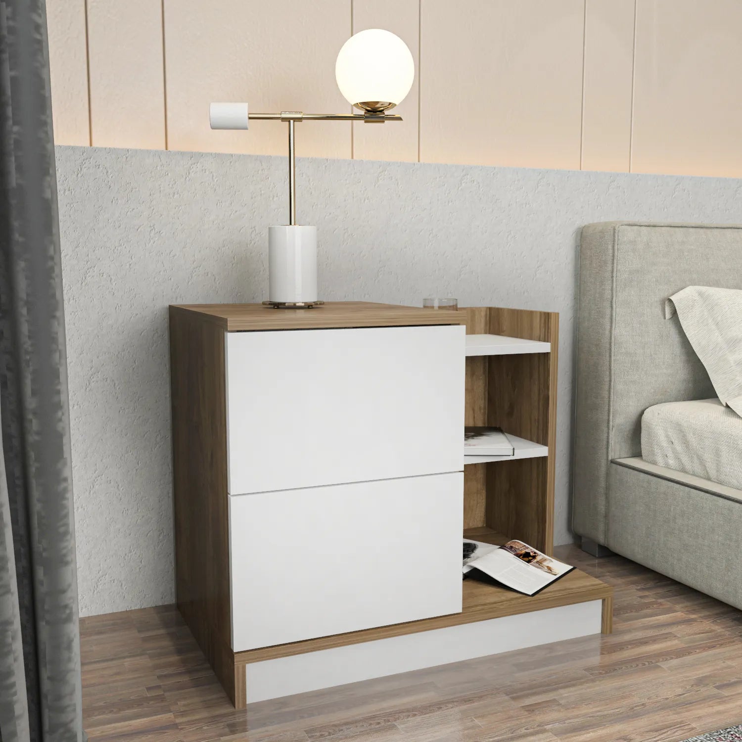 Rena Nightstand with Two Drawers and Open Shelves