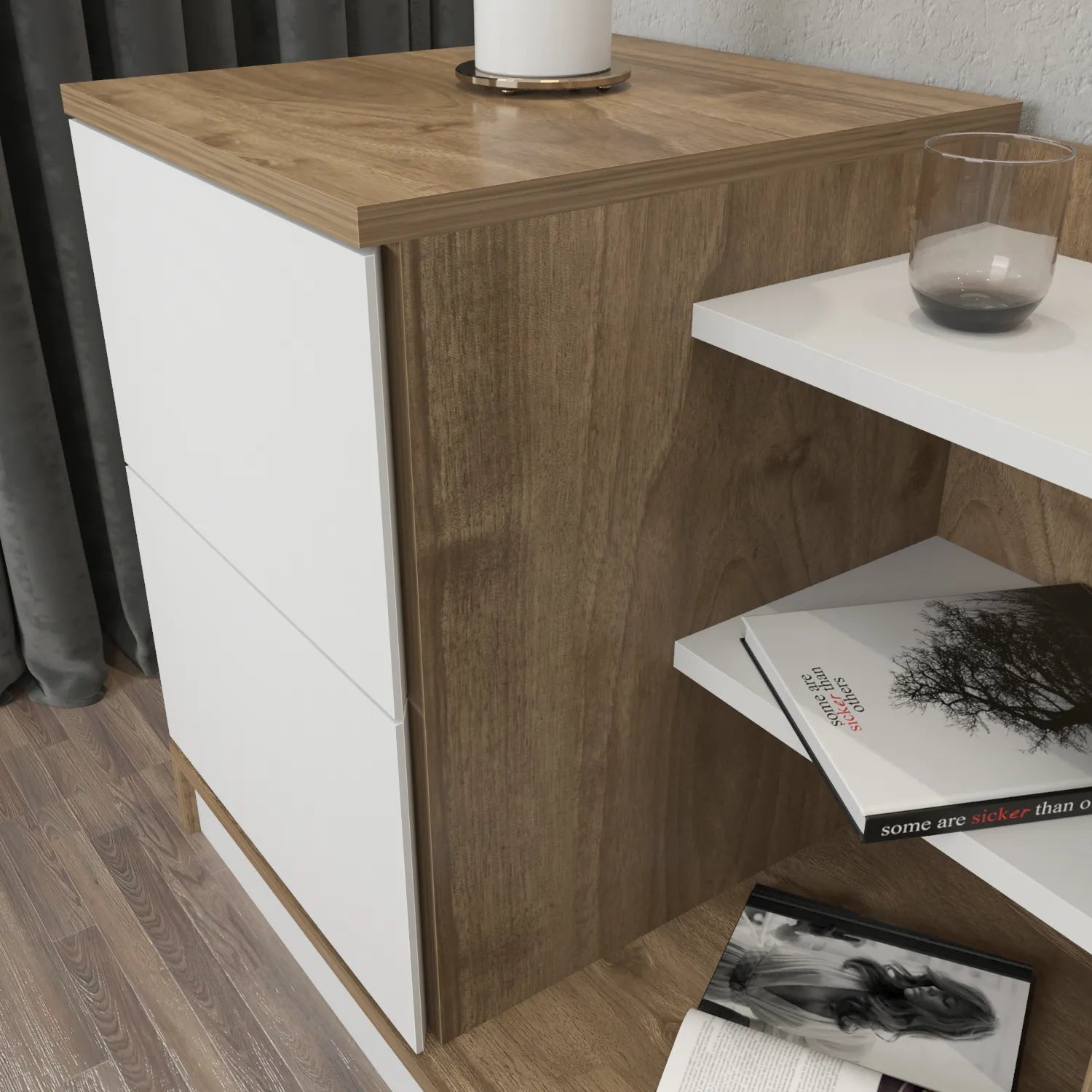 Rena Nightstand with Two Drawers and Open Shelves