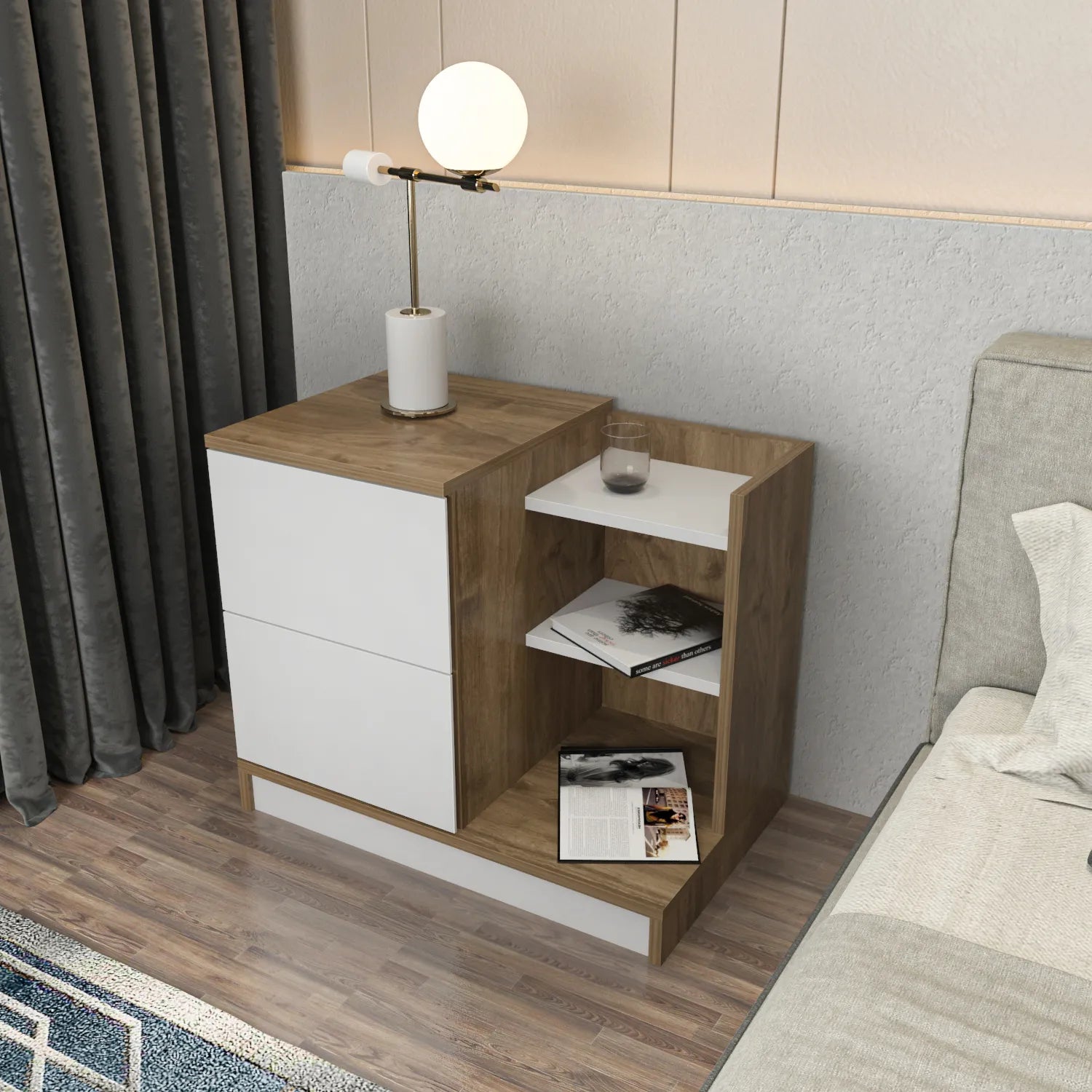 Rena Nightstand with Two Drawers and Open Shelves