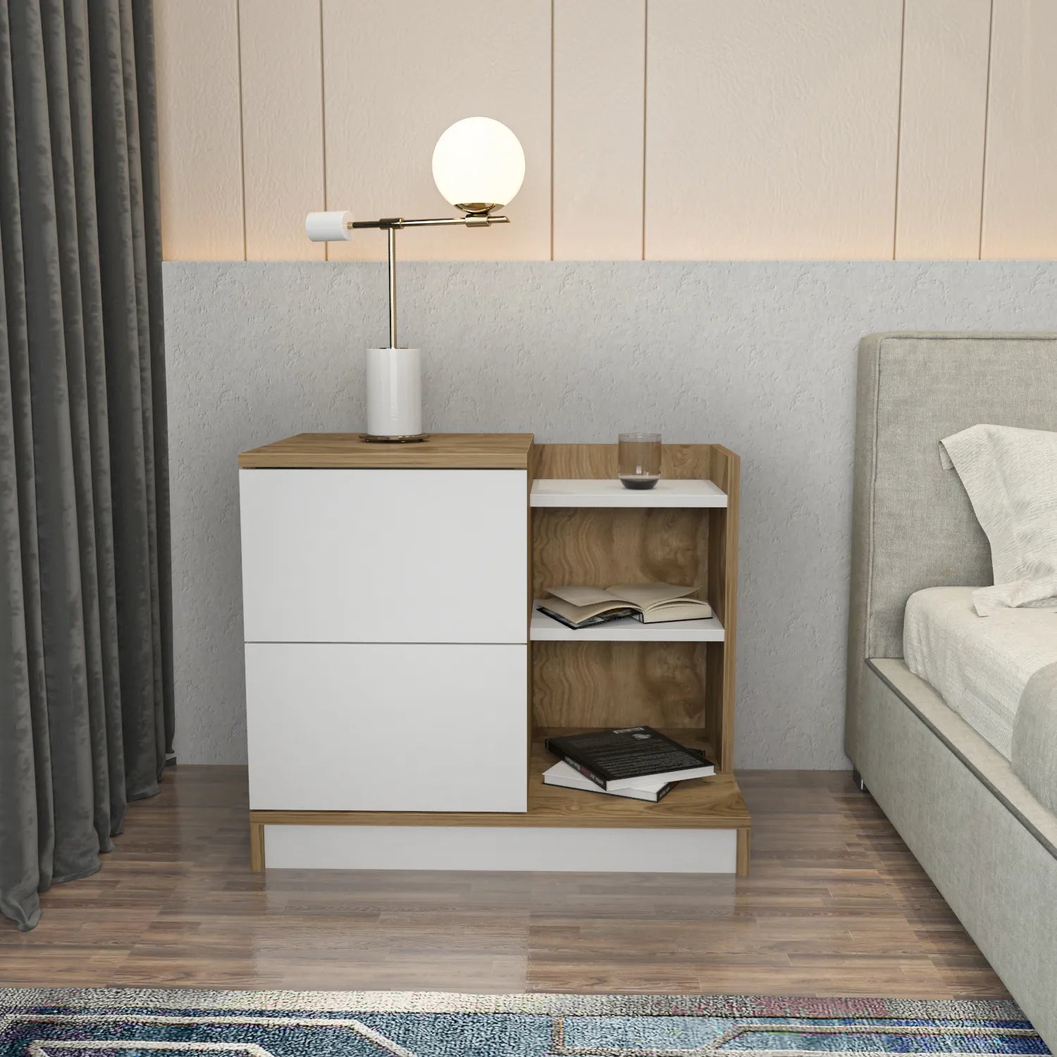 Rena Nightstand with Two Drawers and Open Shelves