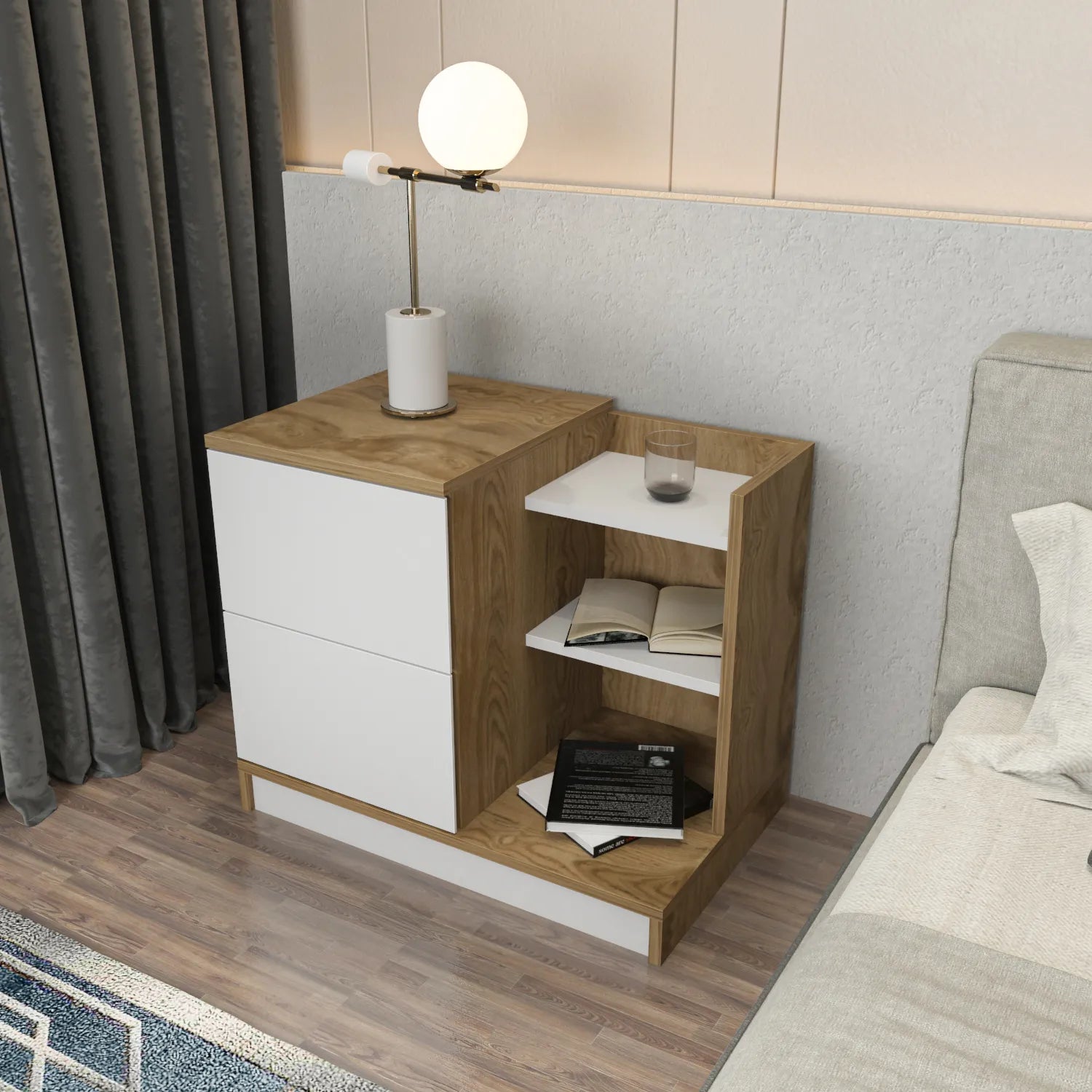 Rena Nightstand with Two Drawers and Open Shelves