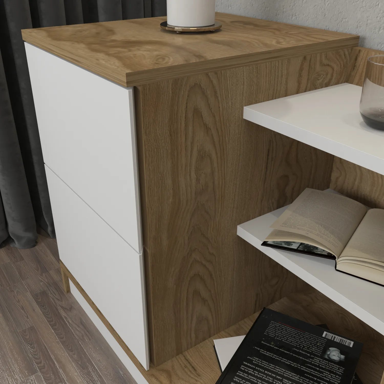 Rena Nightstand with Two Drawers and Open Shelves