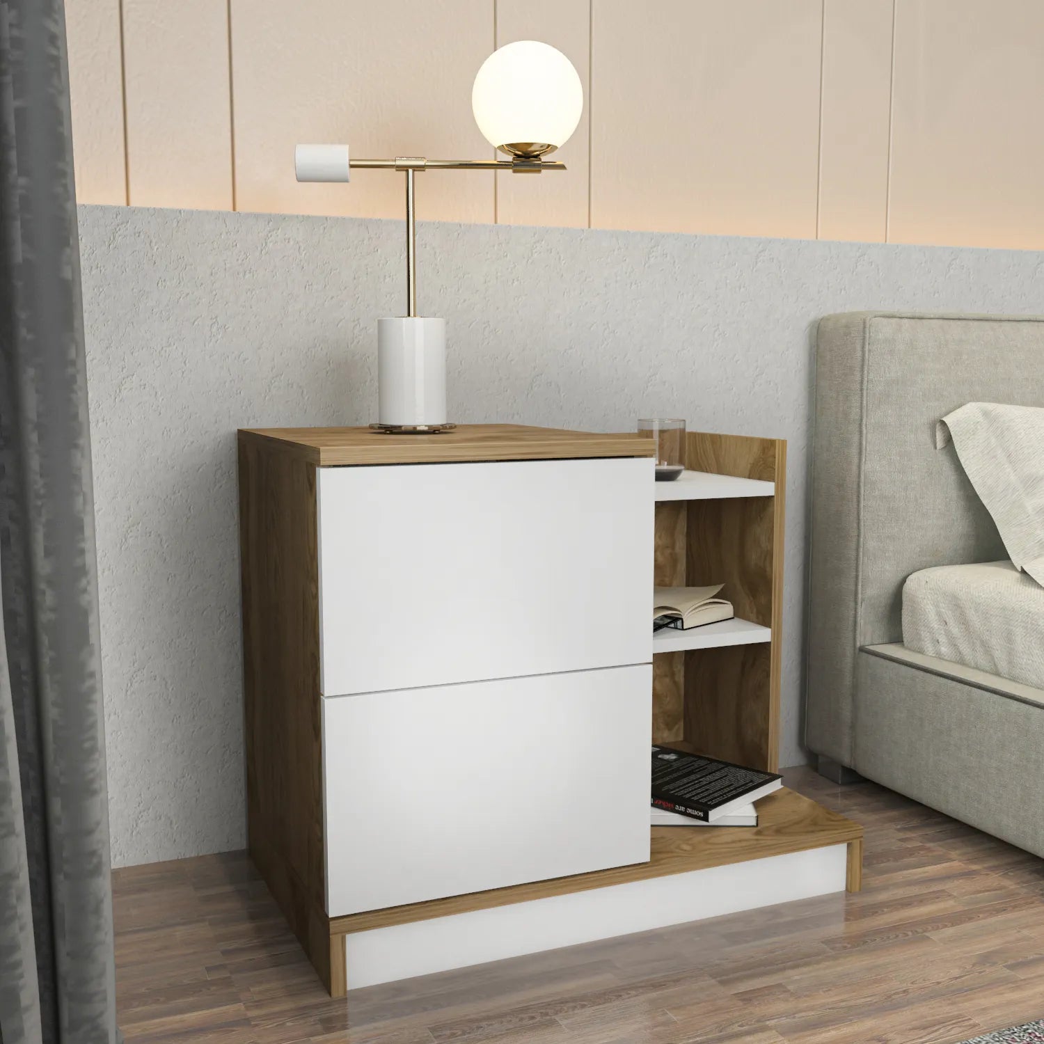 Rena Nightstand with Two Drawers and Open Shelves