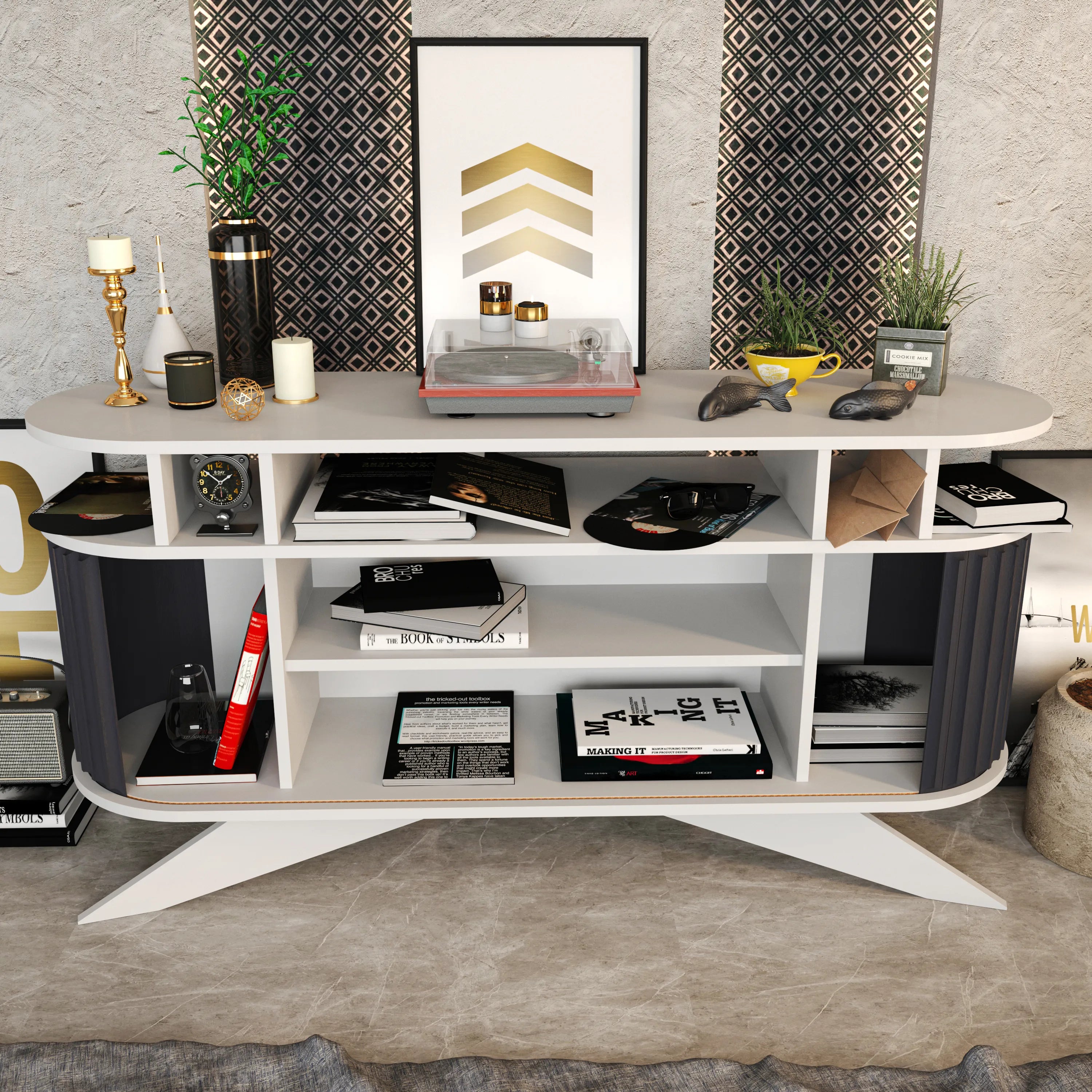 Store 59" Wide Oval Console | Modern TV Stand & Storage | Accommodates up to 68" TVs