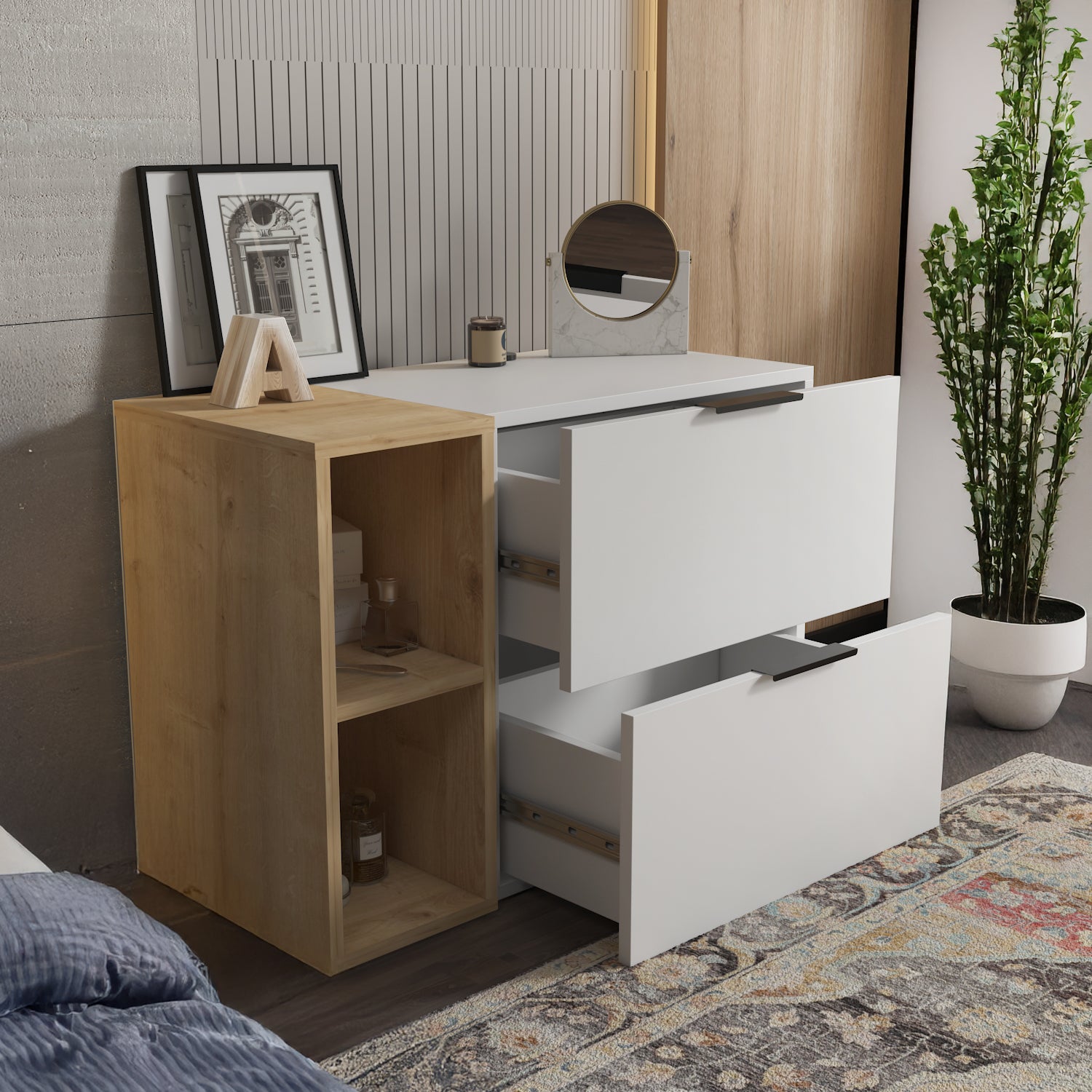 Opheus Modular 2-Drawer Dresser with Open Shelves – Decorotika