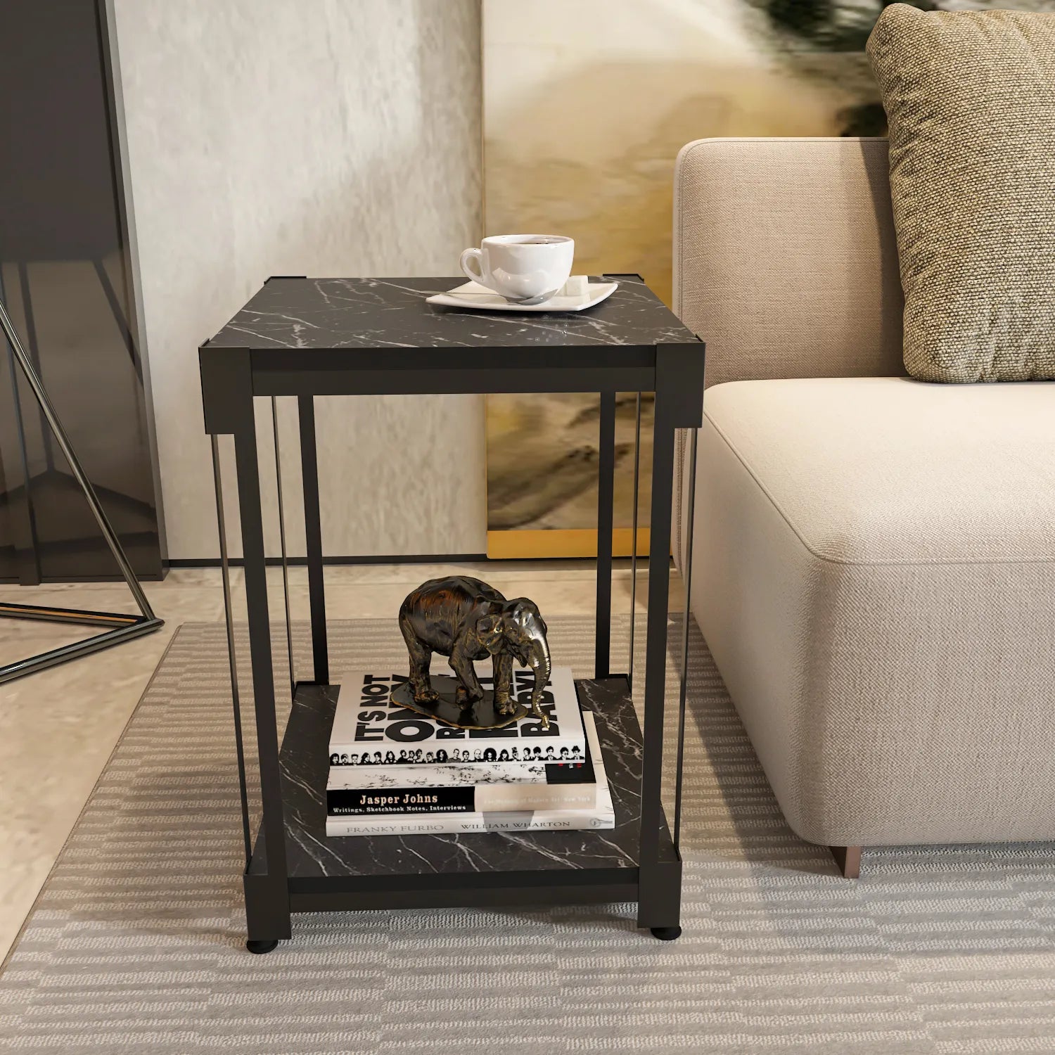 Zenas 22 inch Tall Square Side End Table with Metal Frame