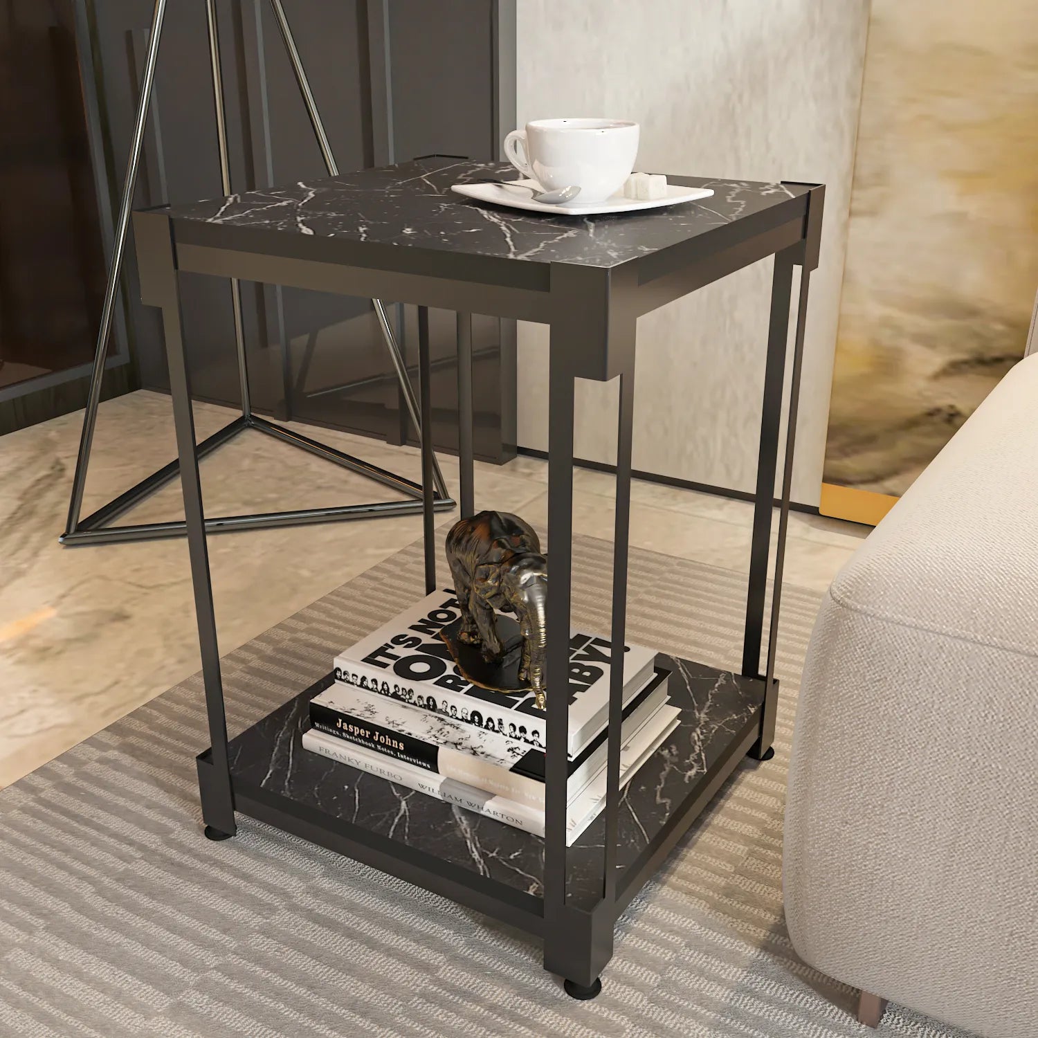 Zenas 22 inch Tall Square Side End Table with Metal Frame