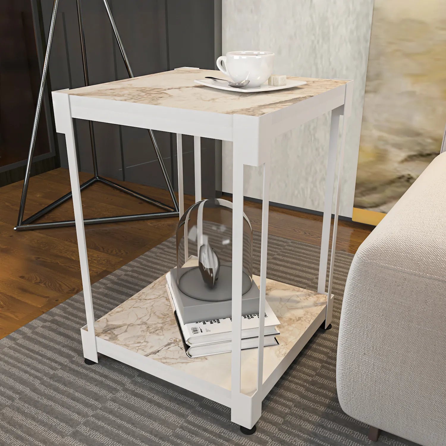 Zenas 22 inch Tall Square Side End Table with Metal Frame