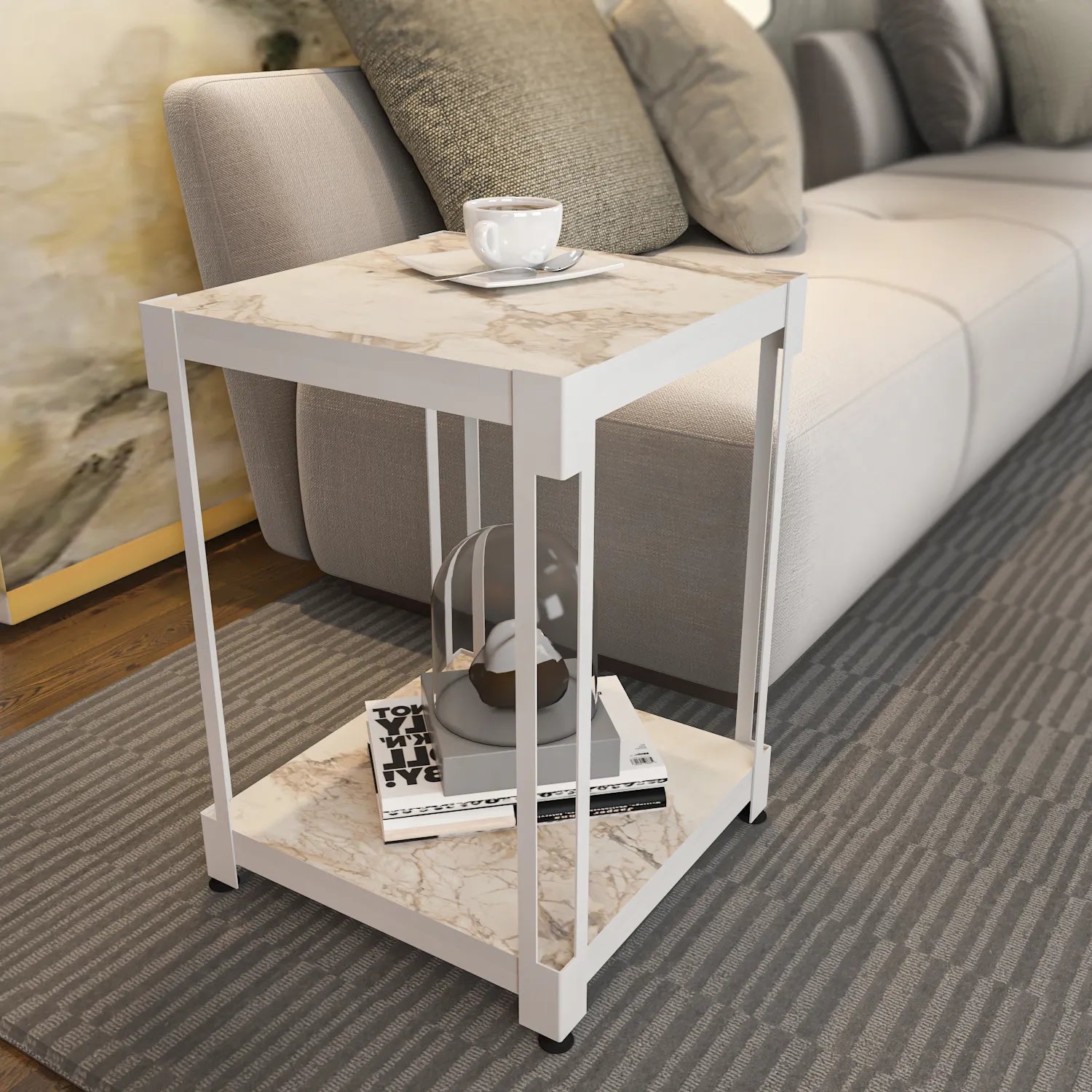 Zenas 22 inch Tall Square Side End Table with Metal Frame