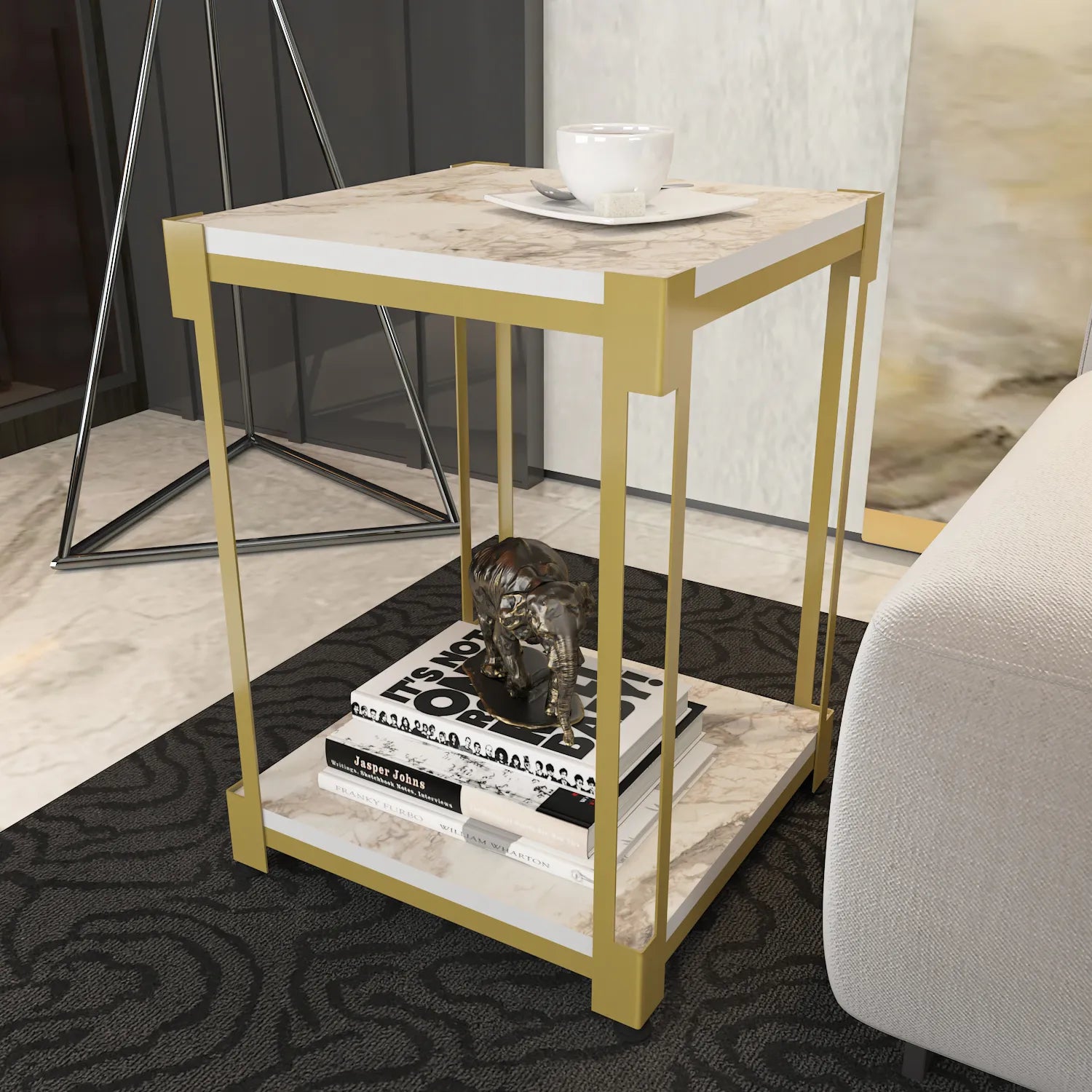 Zenas 22 inch Tall Square Side End Table with Metal Frame