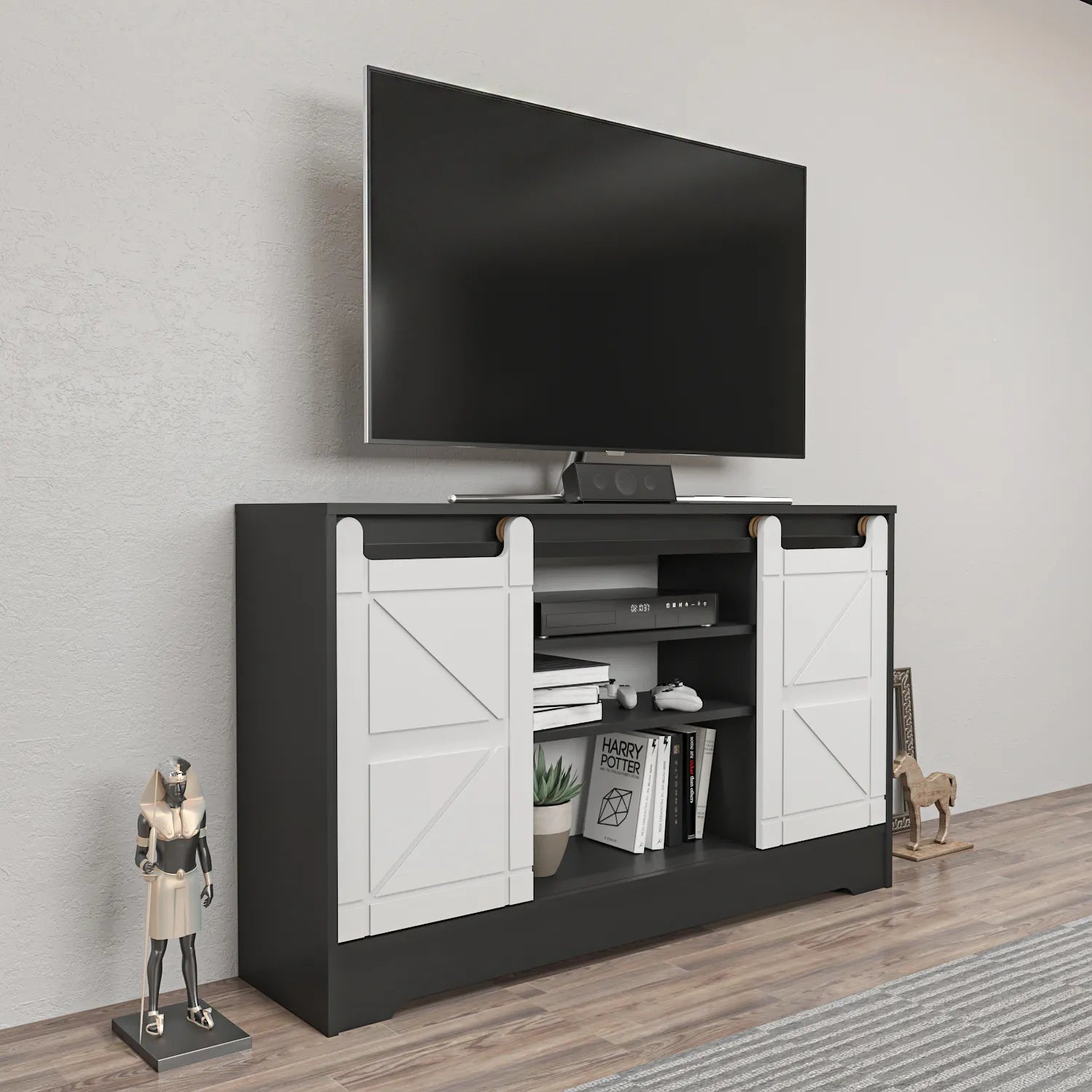 Ahris 55 inch Wide TV Stand Media Console with Sliding Barn Doors for TVs up to 65 inch