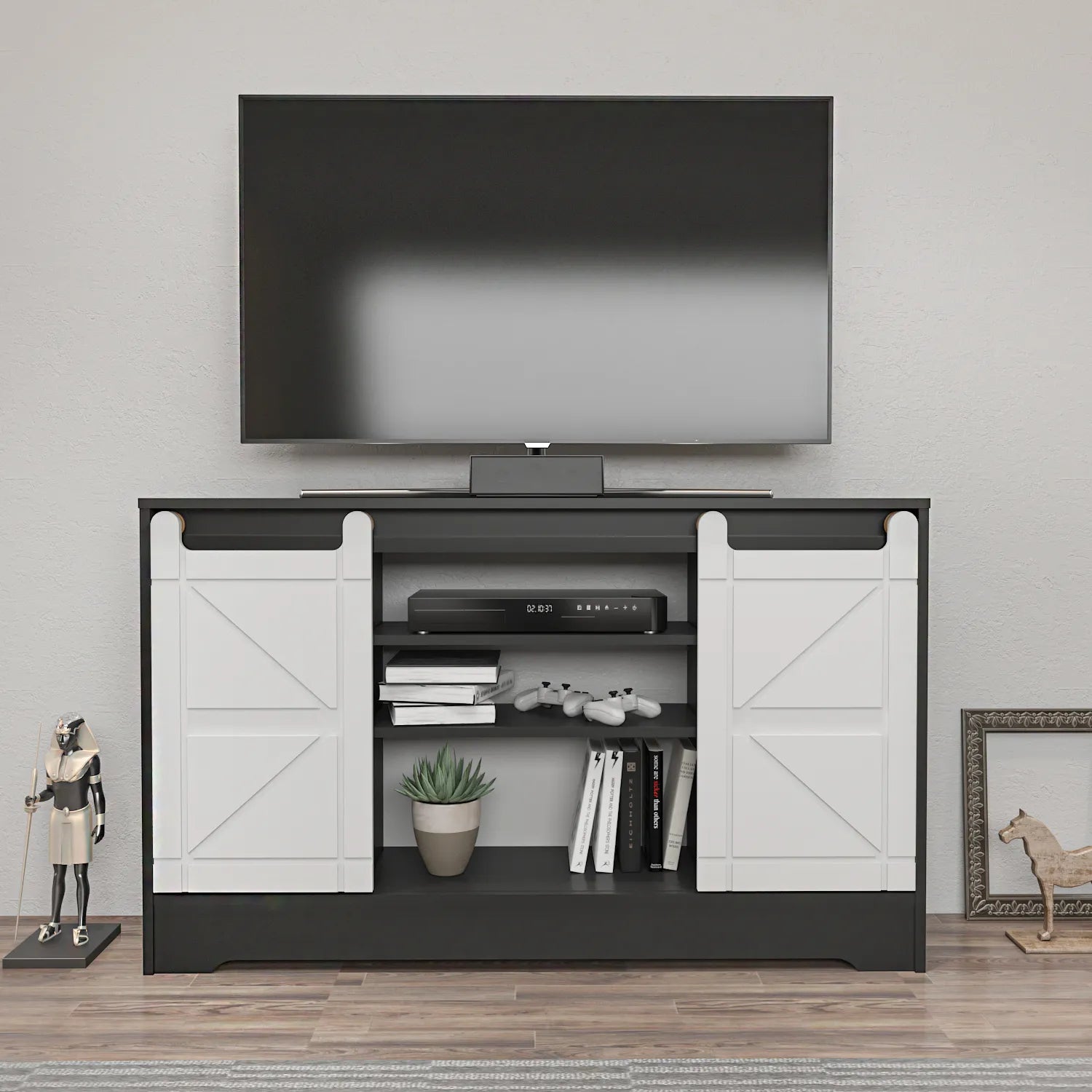 Ahris 55 inch Wide TV Stand Media Console with Sliding Barn Doors for TVs up to 65 inch