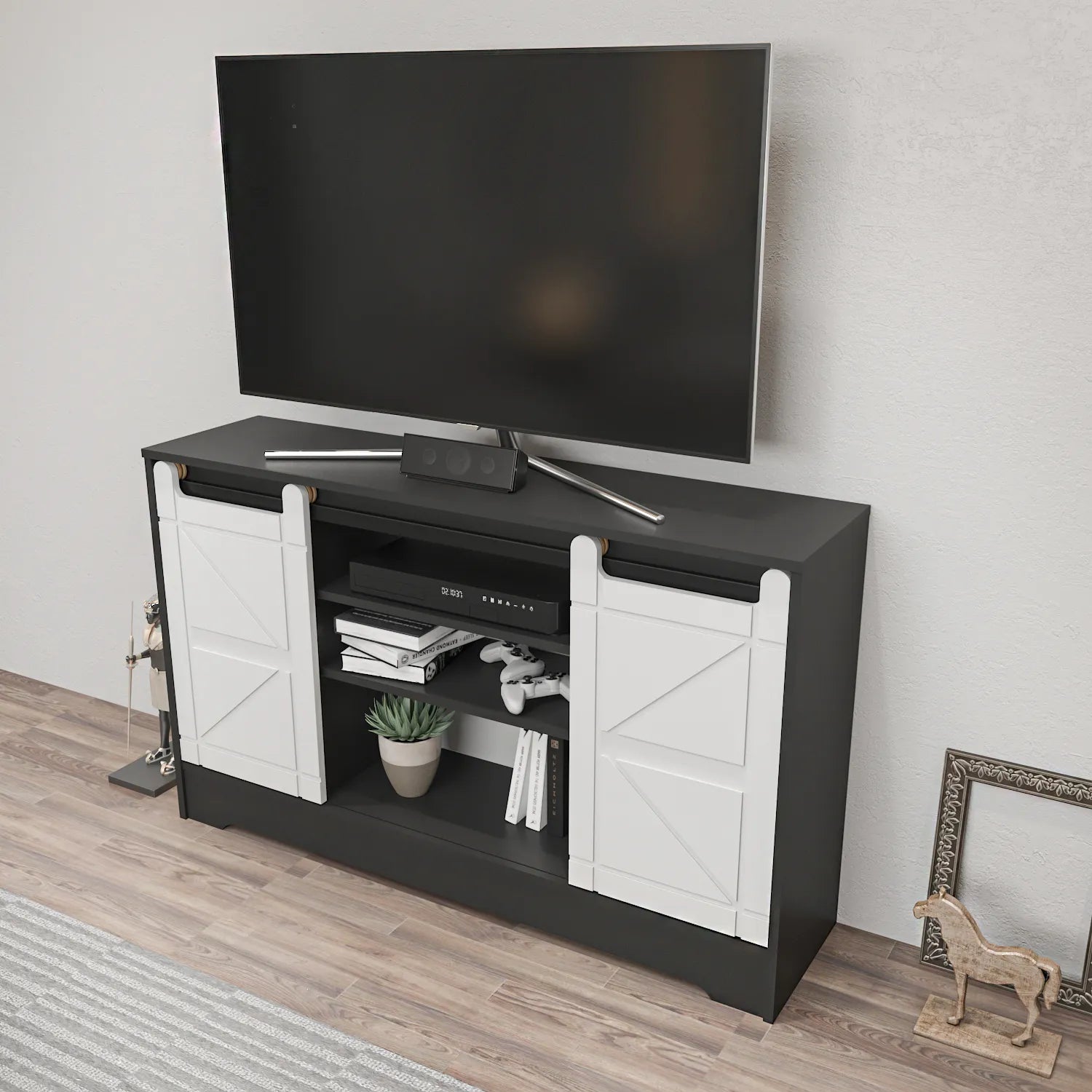 Ahris 55 inch Wide TV Stand Media Console with Sliding Barn Doors for TVs up to 65 inch