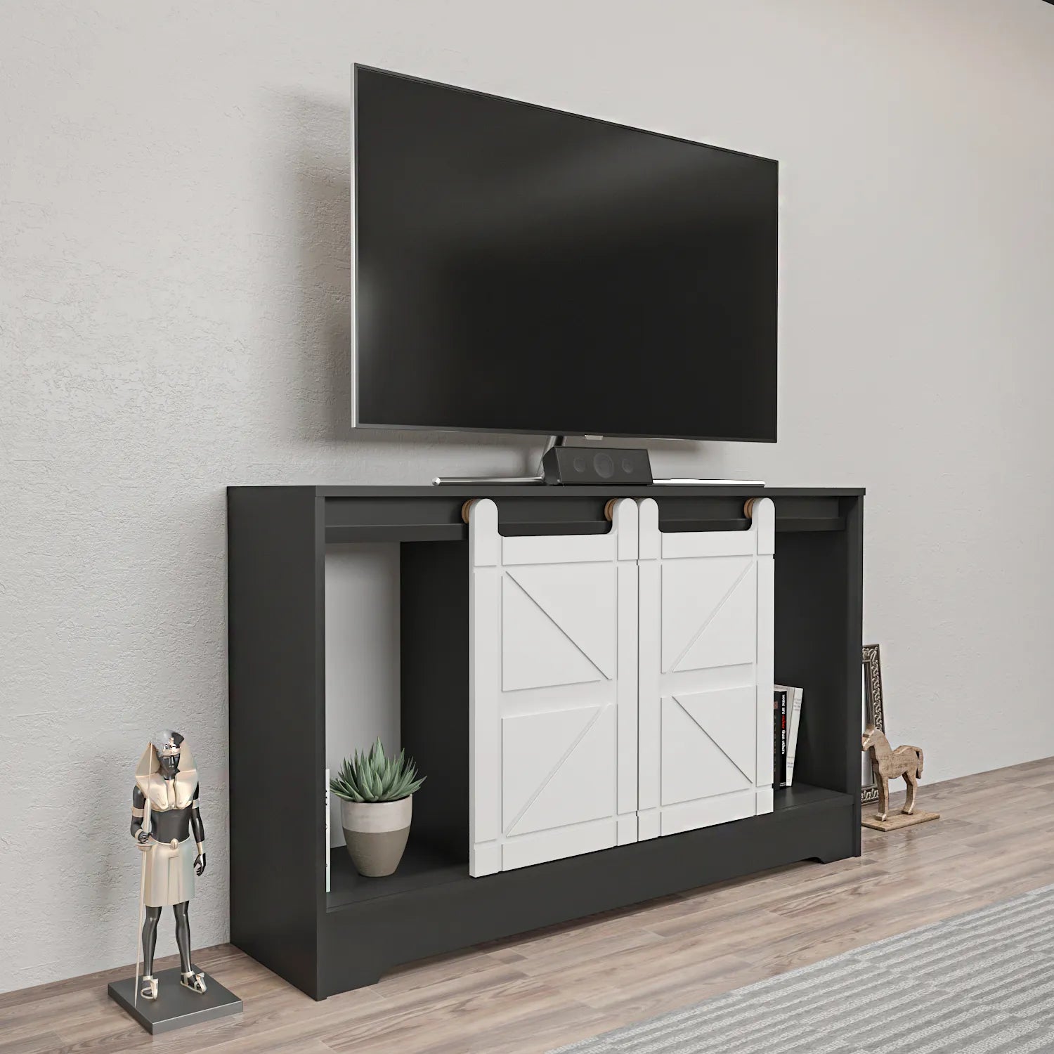 Ahris 55 inch Wide TV Stand Media Console with Sliding Barn Doors for TVs up to 65 inch