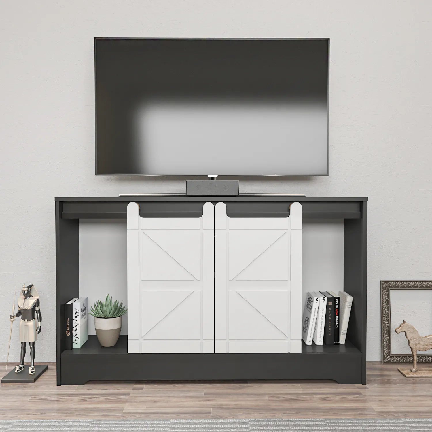 Ahris 55 inch Wide TV Stand Media Console with Sliding Barn Doors for TVs up to 65 inch