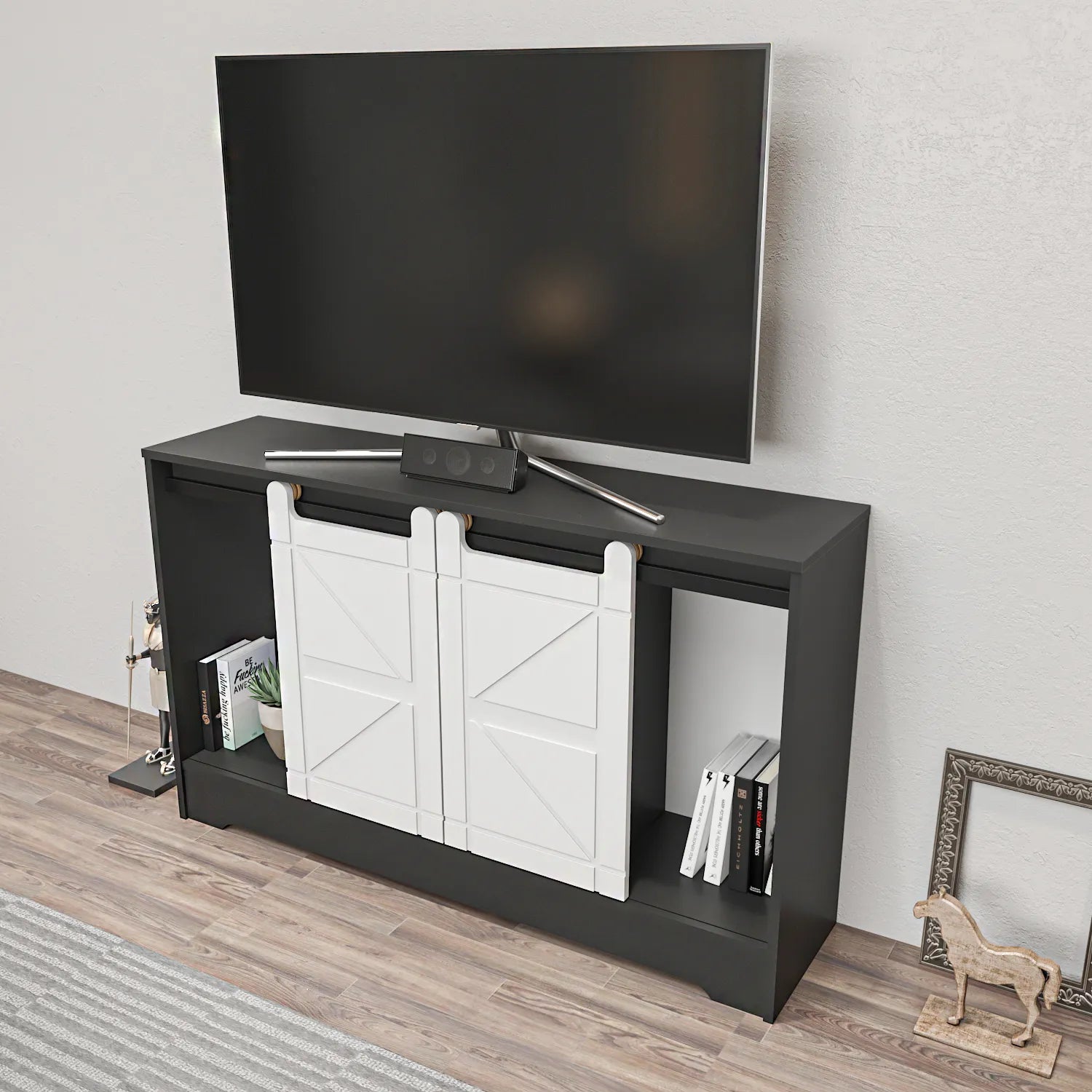 Ahris 55 inch Wide TV Stand Media Console with Sliding Barn Doors for TVs up to 65 inch