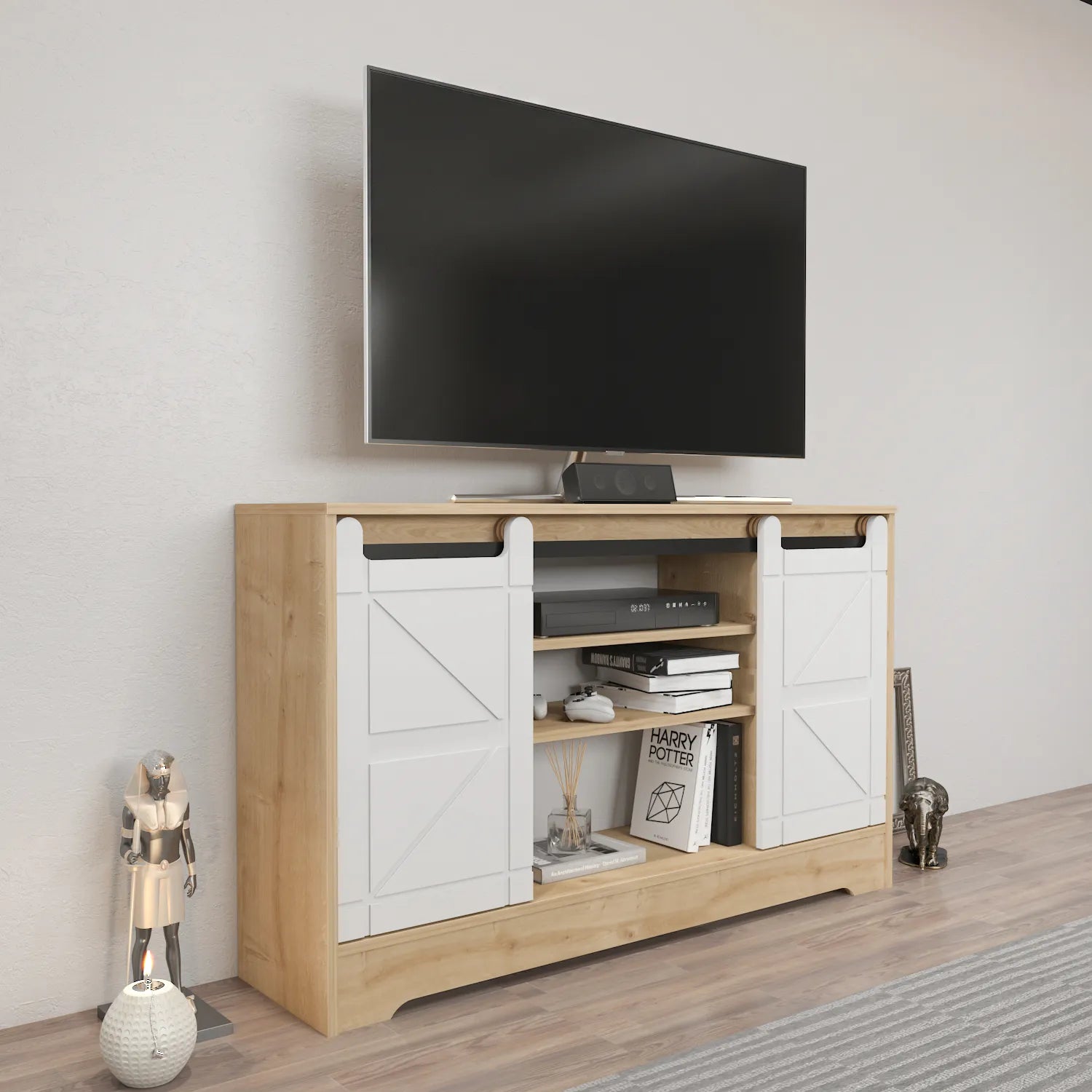 Ahris 55 inch Wide TV Stand Media Console with Sliding Barn Doors for TVs up to 65 inch