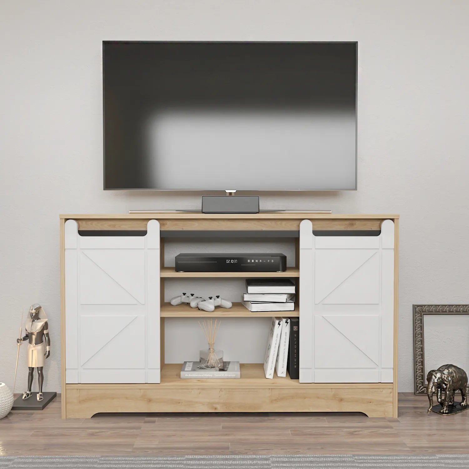 Ahris 55 inch Wide TV Stand Media Console with Sliding Barn Doors for TVs up to 65 inch