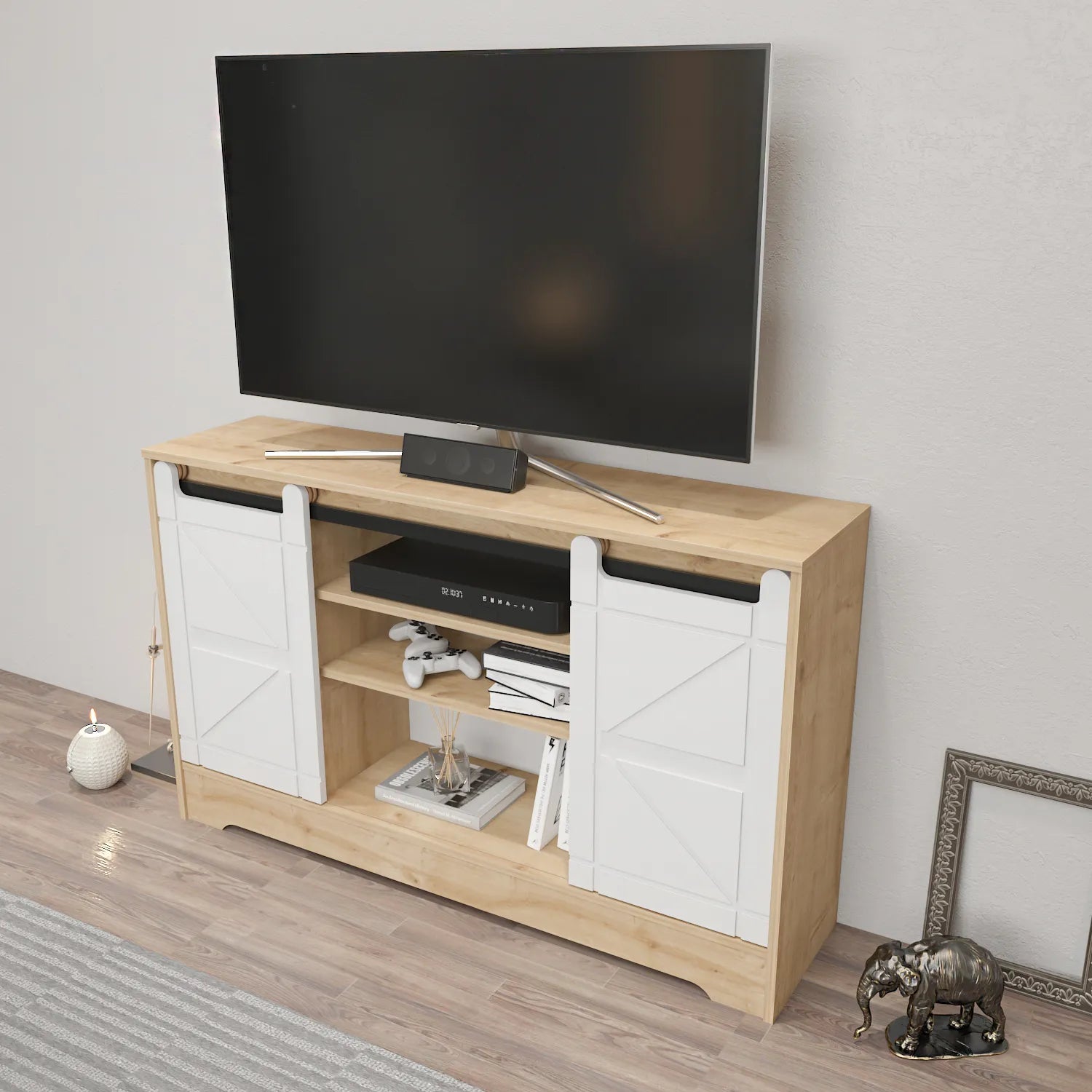 Ahris 55 inch Wide TV Stand Media Console with Sliding Barn Doors for TVs up to 65 inch