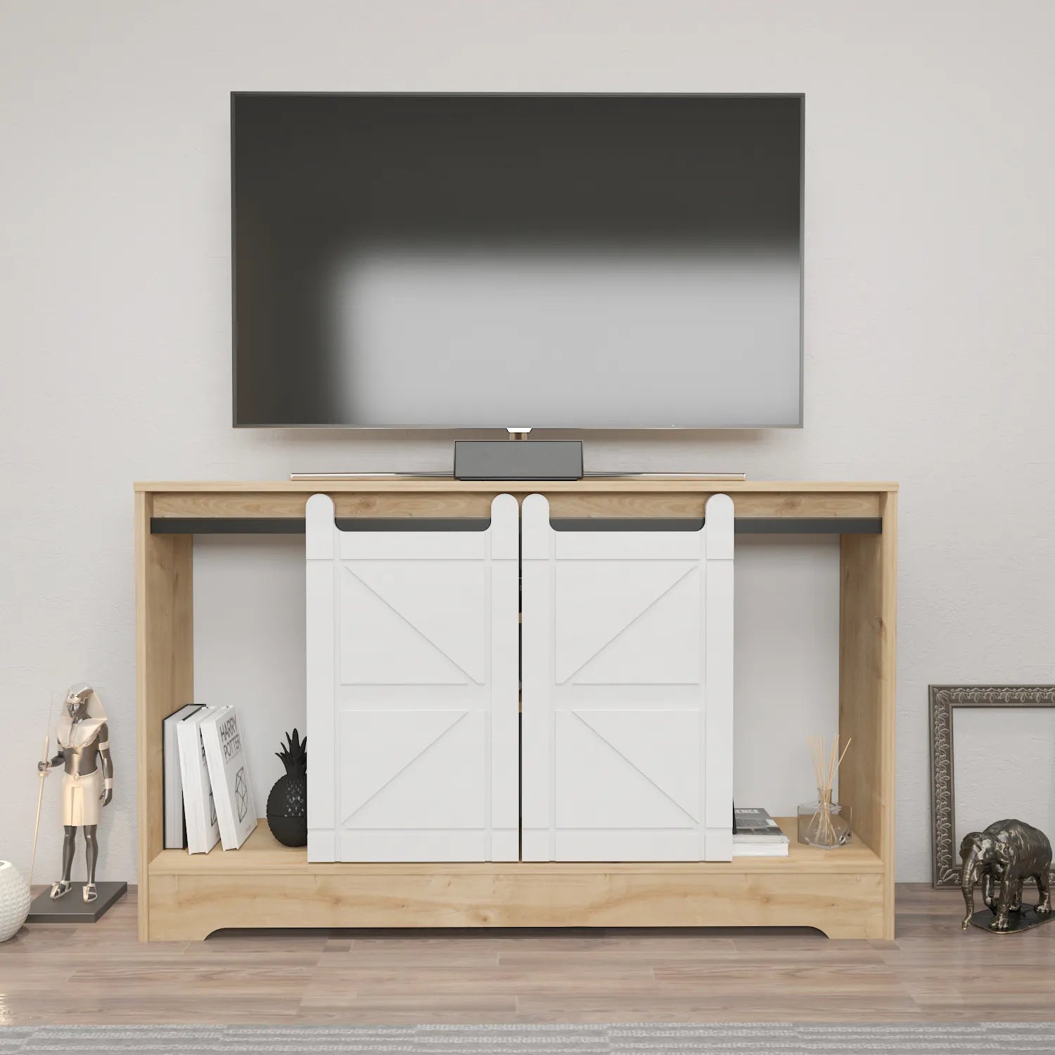 Ahris 55 inch Wide TV Stand Media Console with Sliding Barn Doors for TVs up to 65 inch