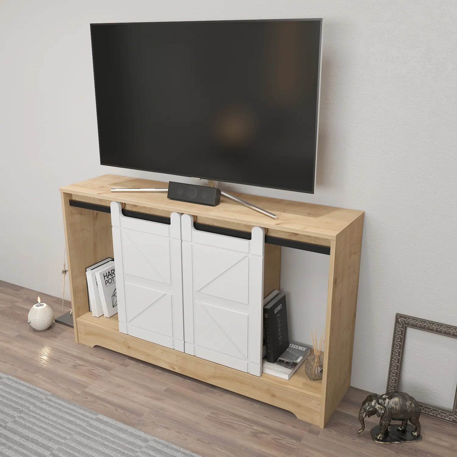 Ahris 55 inch Wide TV Stand Media Console with Sliding Barn Doors for TVs up to 65 inch