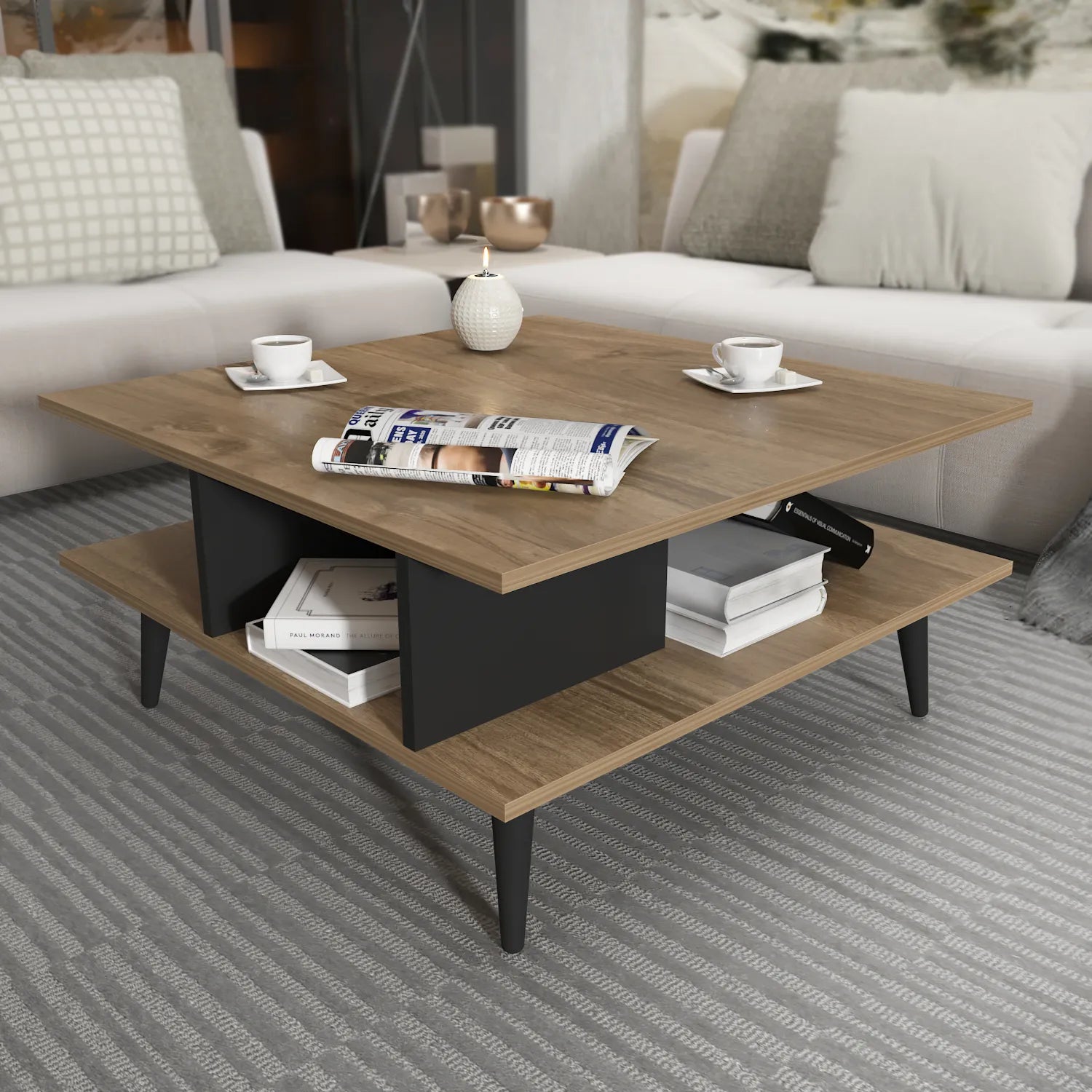 Akya 35 inch Wide Square Coffee Table with Open Shelf Storage