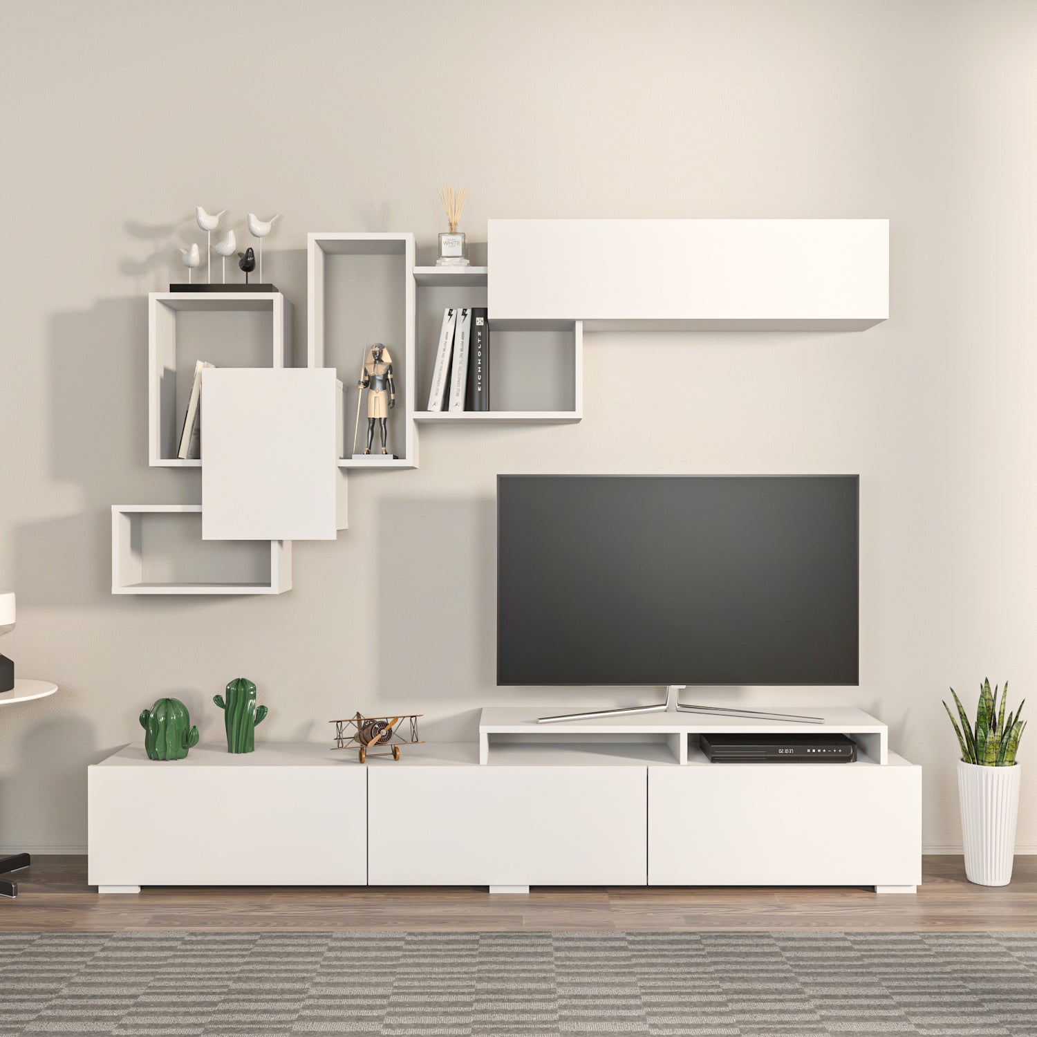 Amor TV Stand Entertainment Center  with Wall Shelf and Cubbies for up to 85'' TVs