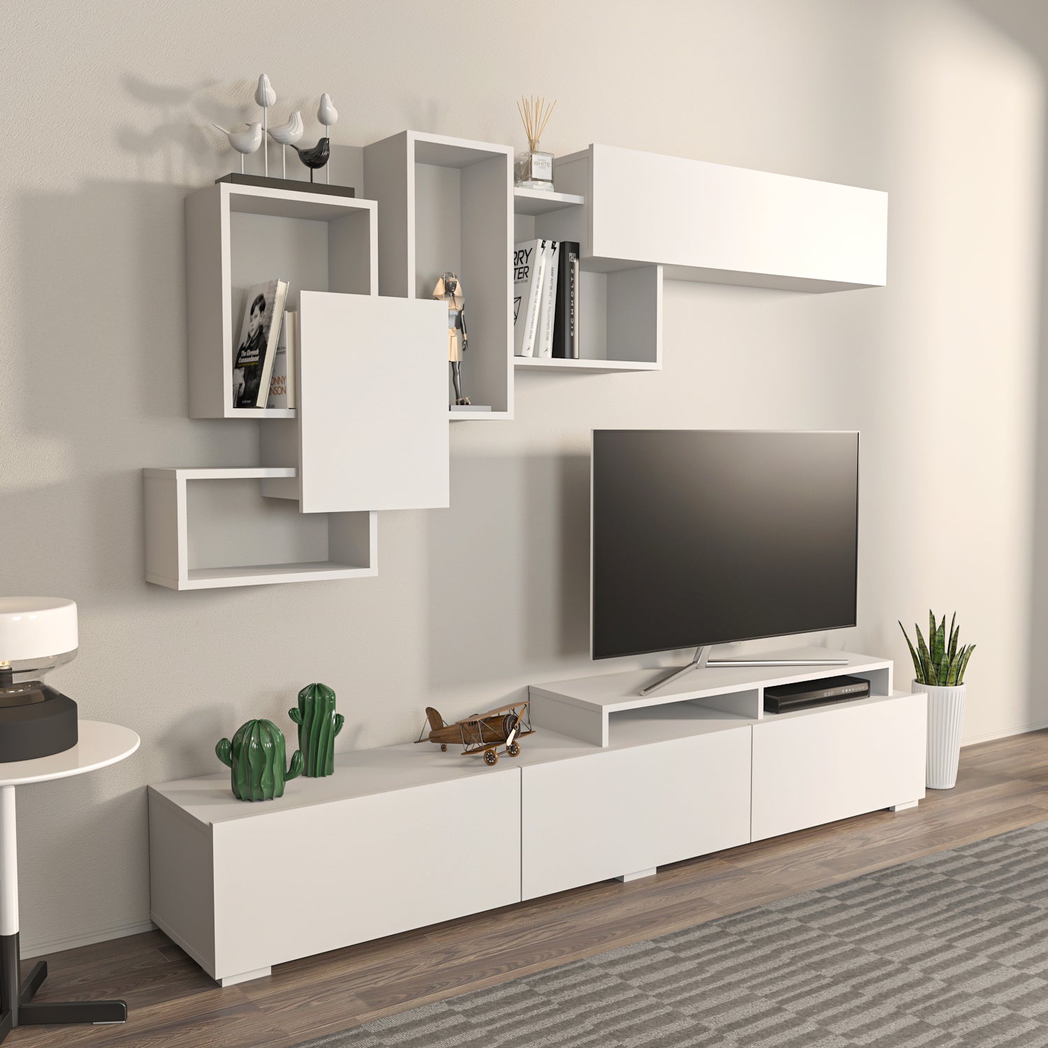 Amor TV Stand Entertainment Center  with Wall Shelf and Cubbies for up to 85'' TVs