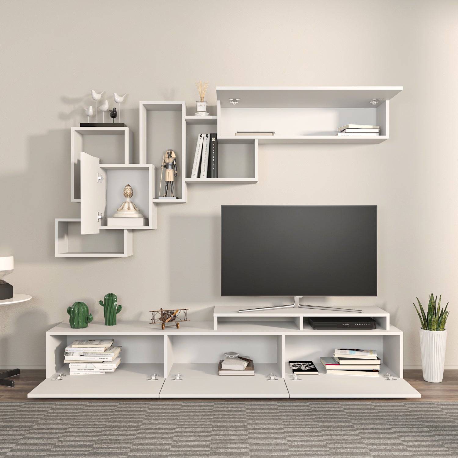 Amor TV Stand Entertainment Center  with Wall Shelf and Cubbies for up to 85'' TVs