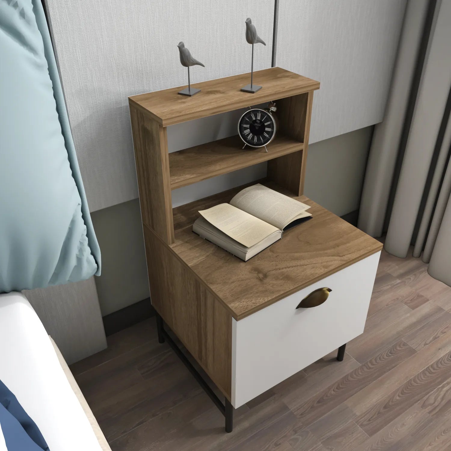 Cressi Wood Nightstand with Metal Legs Cabinet and Open Shelf Storage