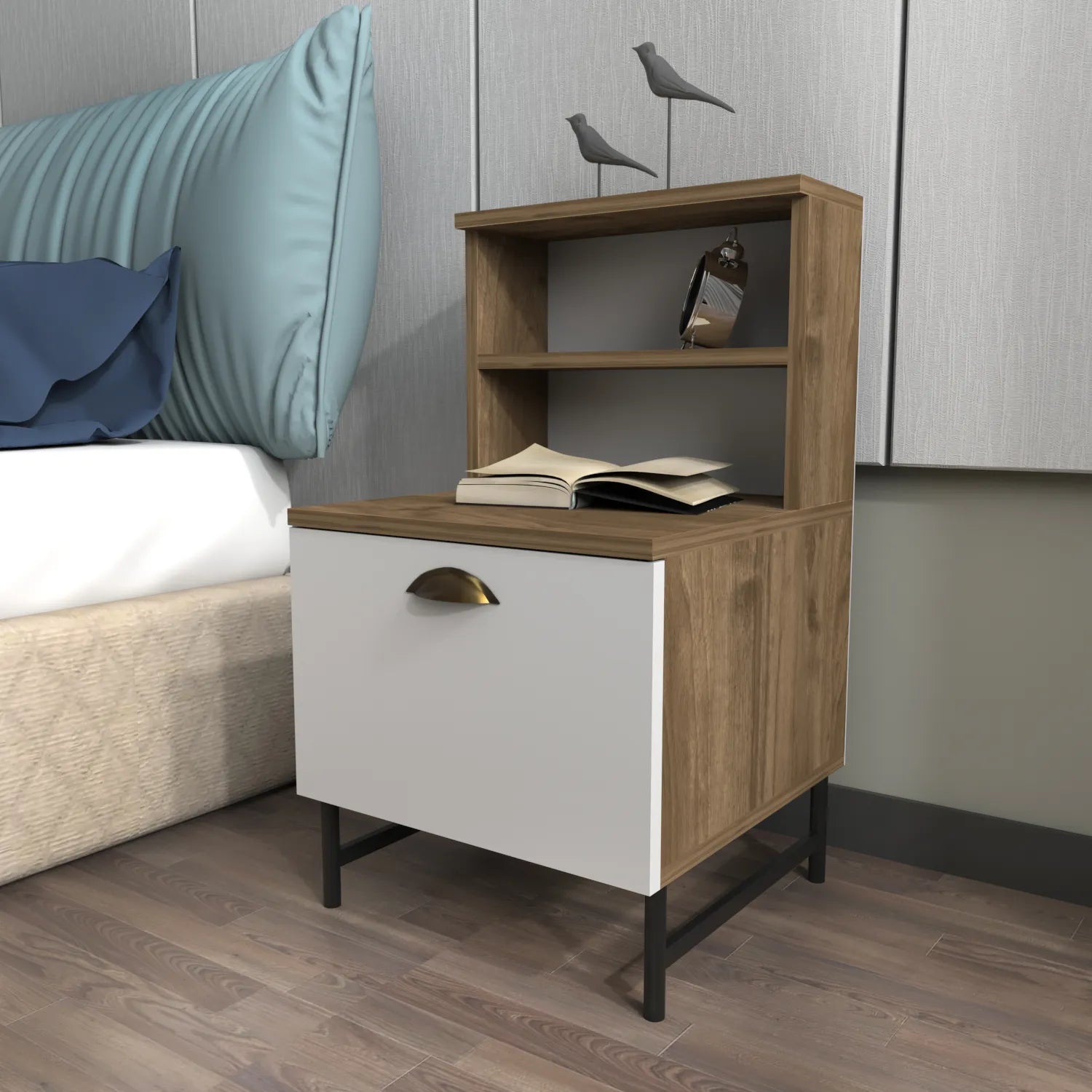 Cressi Wood Nightstand with Metal Legs Cabinet and Open Shelf Storage