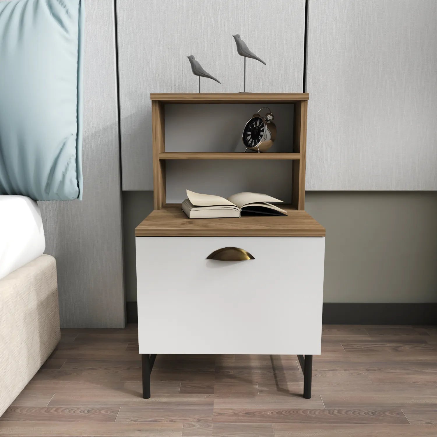 Cressi Wood Nightstand with Metal Legs Cabinet and Open Shelf Storage