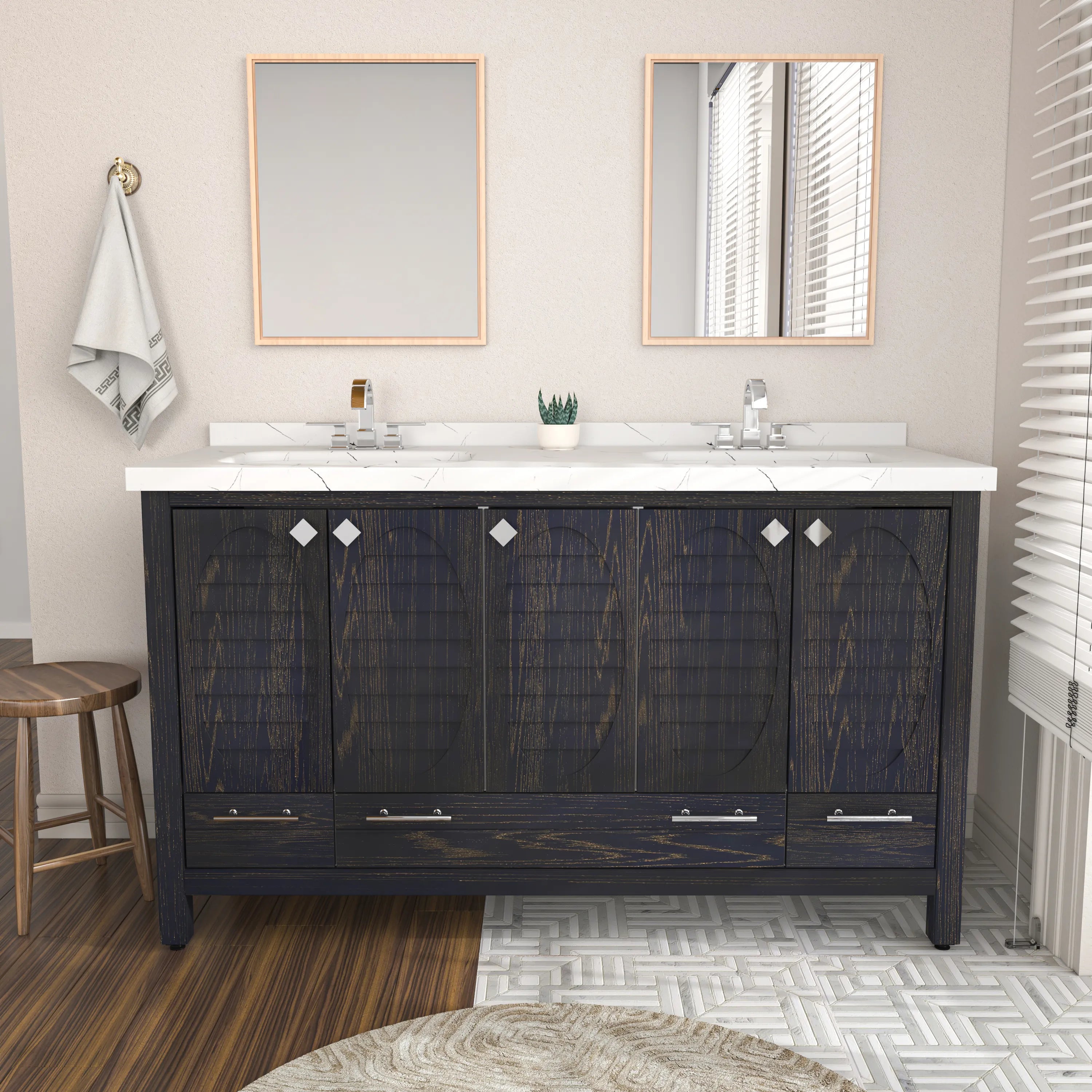 Papatya 59'' Wide Free-standing Double Bathroom Vanity with Engineered Marble Vanity Top