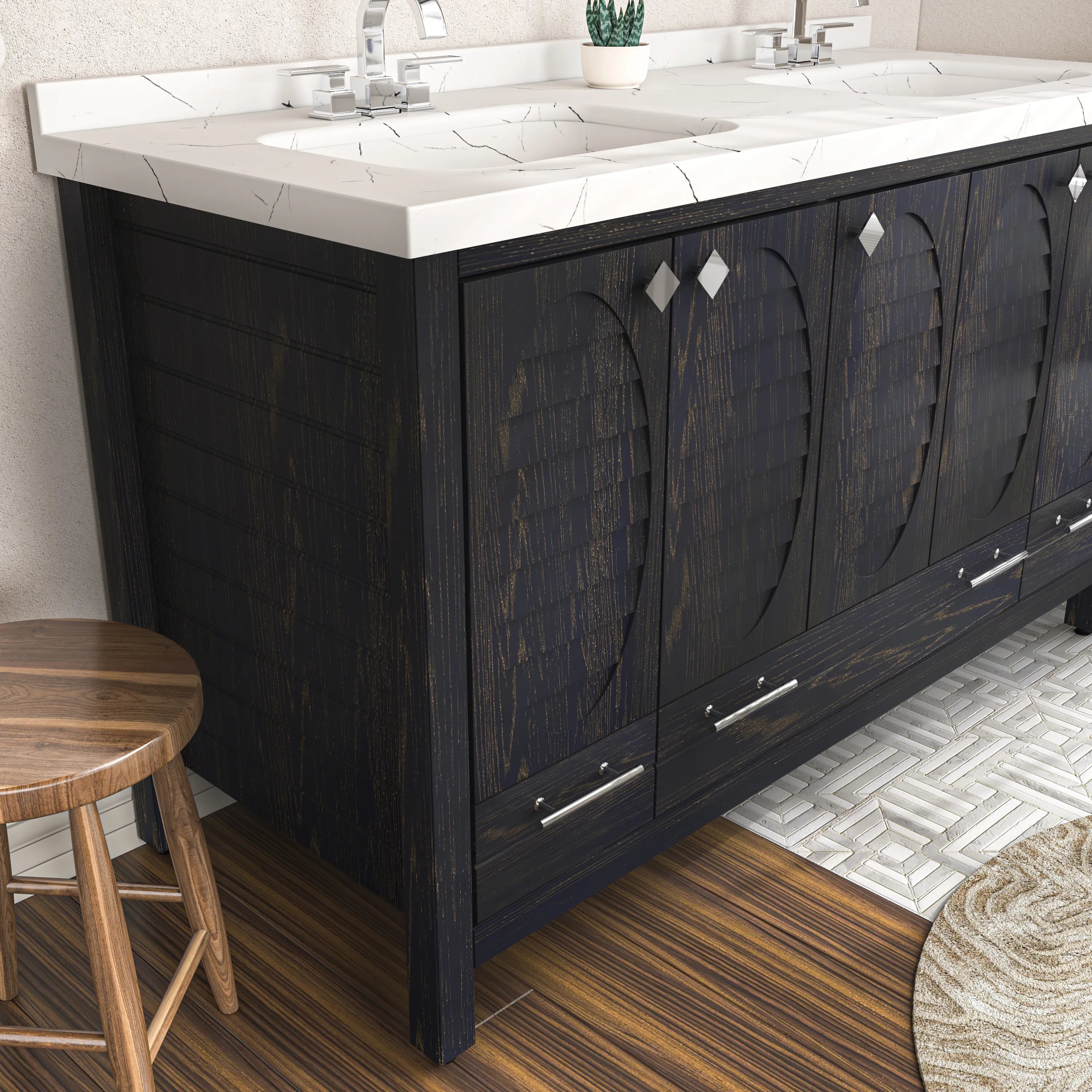 Papatya 59'' Wide Free-standing Double Bathroom Vanity with Engineered Marble Vanity Top