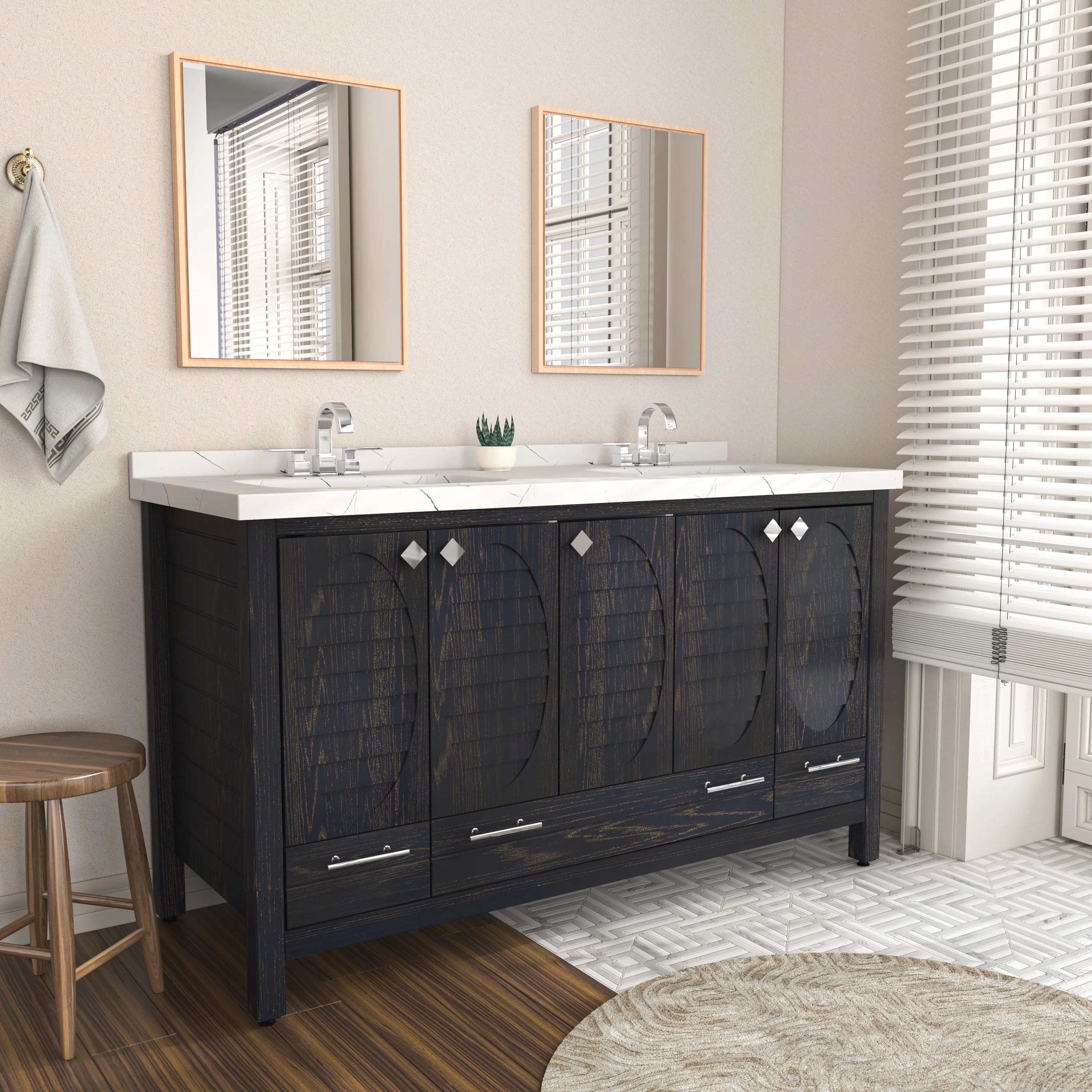 Papatya 59'' Wide Free-standing Double Bathroom Vanity with Engineered Marble Vanity Top