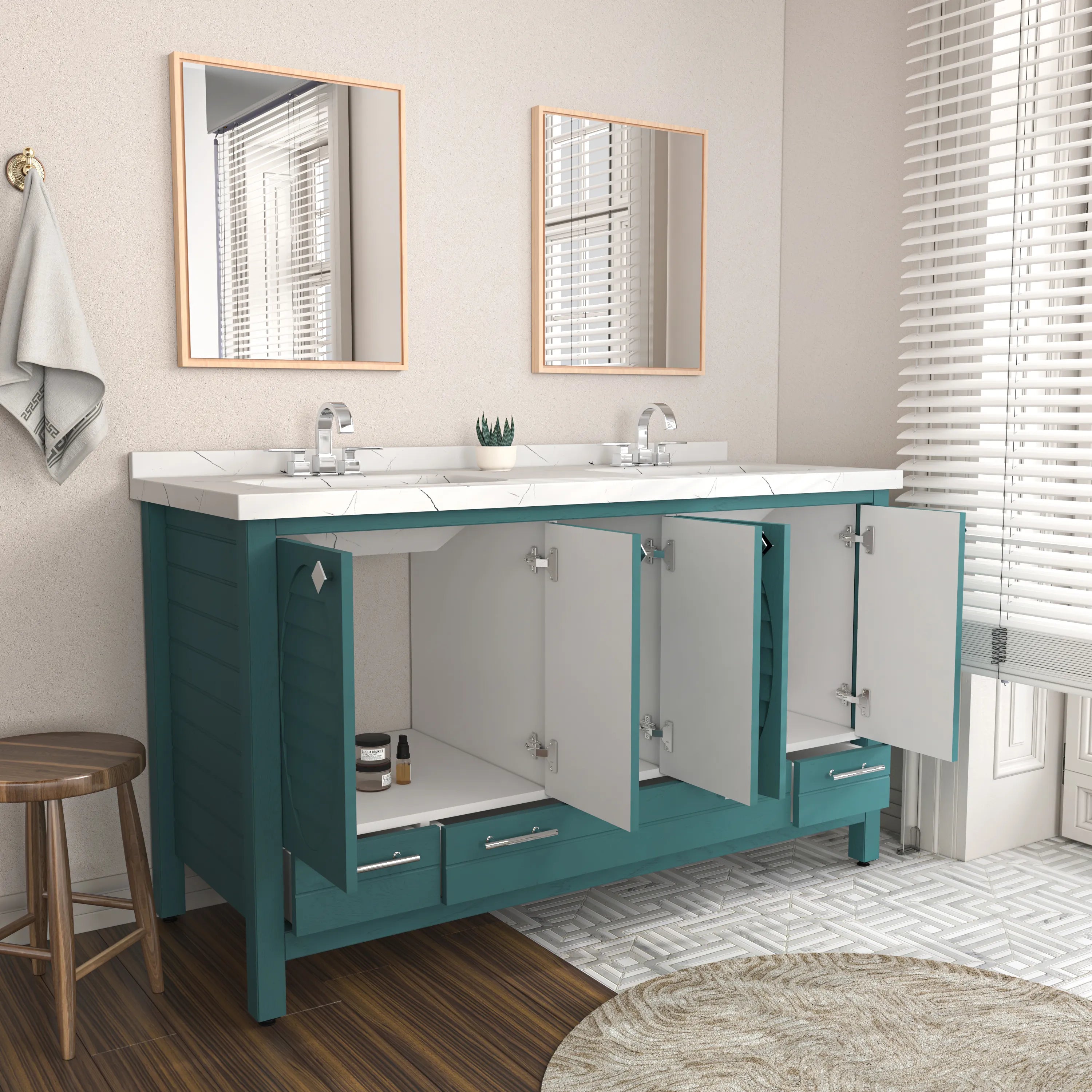 Papatya 59'' Wide Free-standing Double Bathroom Vanity with Engineered Marble Vanity Top