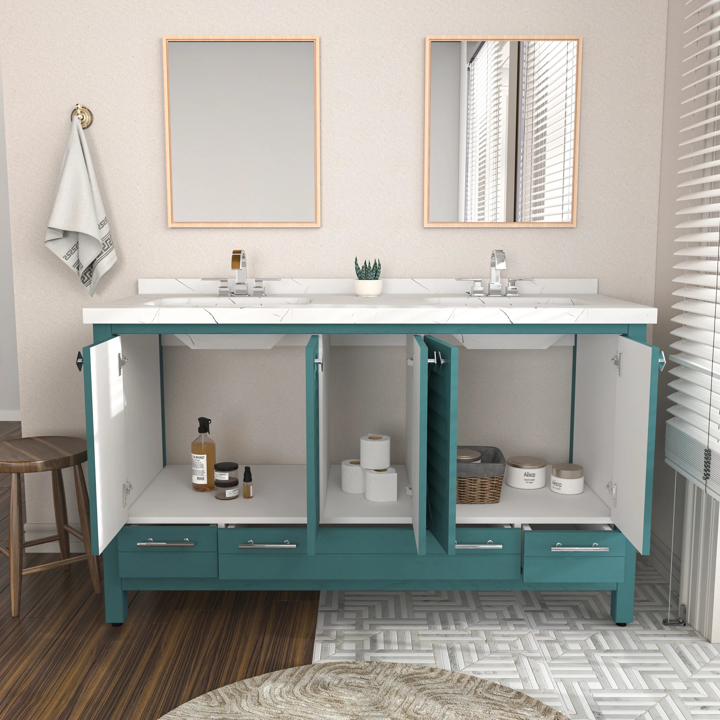 Papatya 59'' Wide Free-standing Double Bathroom Vanity with Engineered Marble Vanity Top