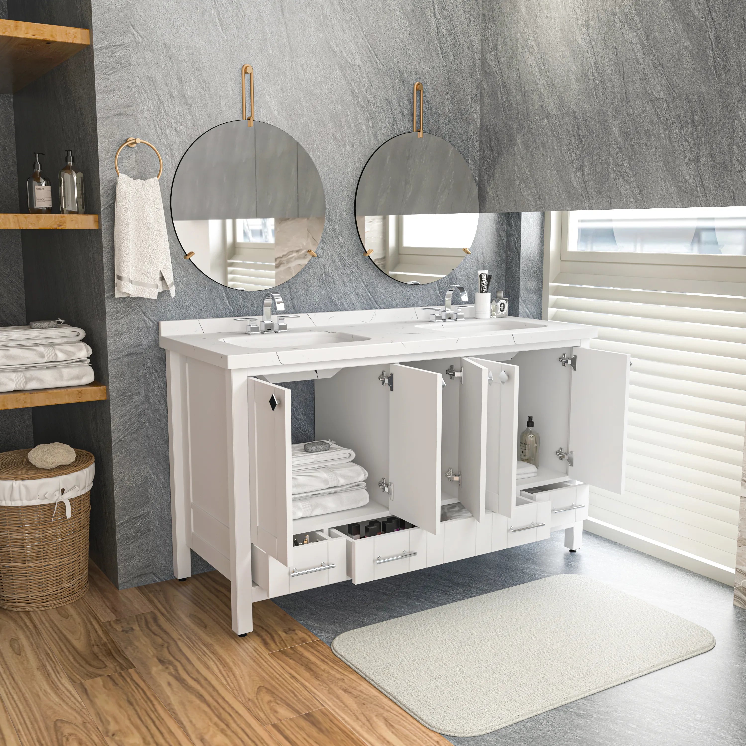 Kardelen 59'' Wide Free-standing Double Bathroom Vanity with Engineered Marble Vanity Top