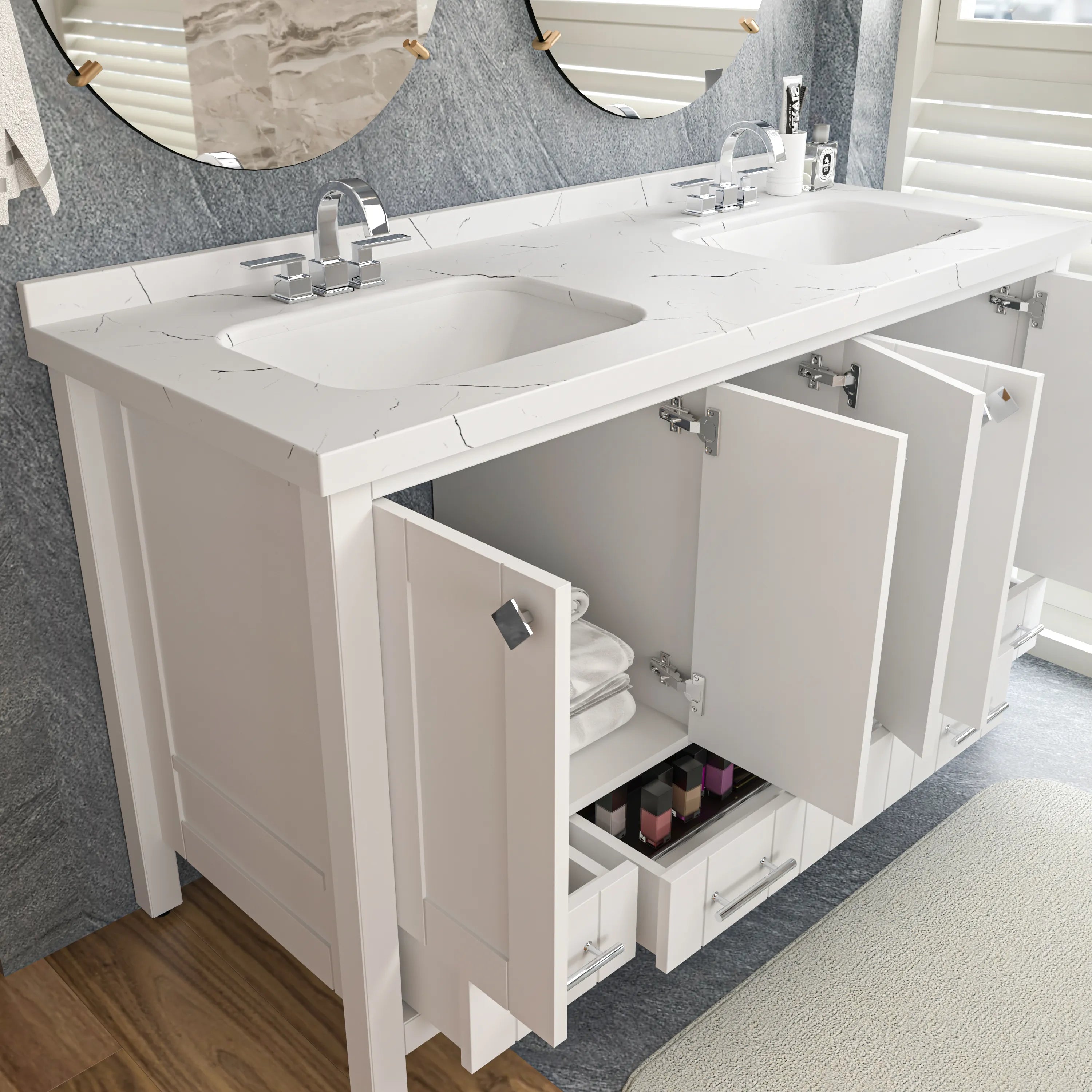 Kardelen 59'' Wide Free-standing Double Bathroom Vanity with Engineered Marble Vanity Top