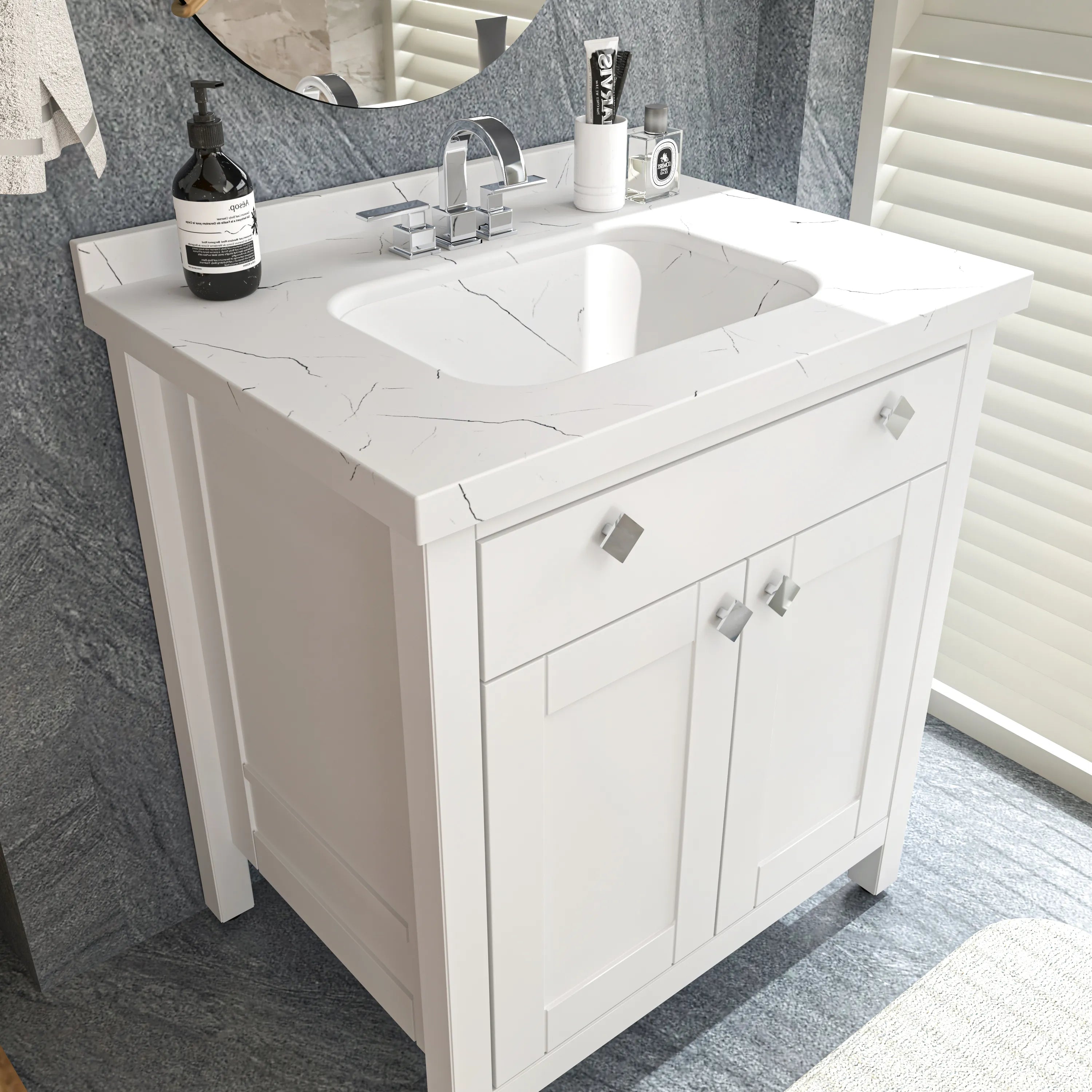 Kardelen 31" Wide Free-standing Single Bathroom Vanity with Engineered Marble Vanity Top