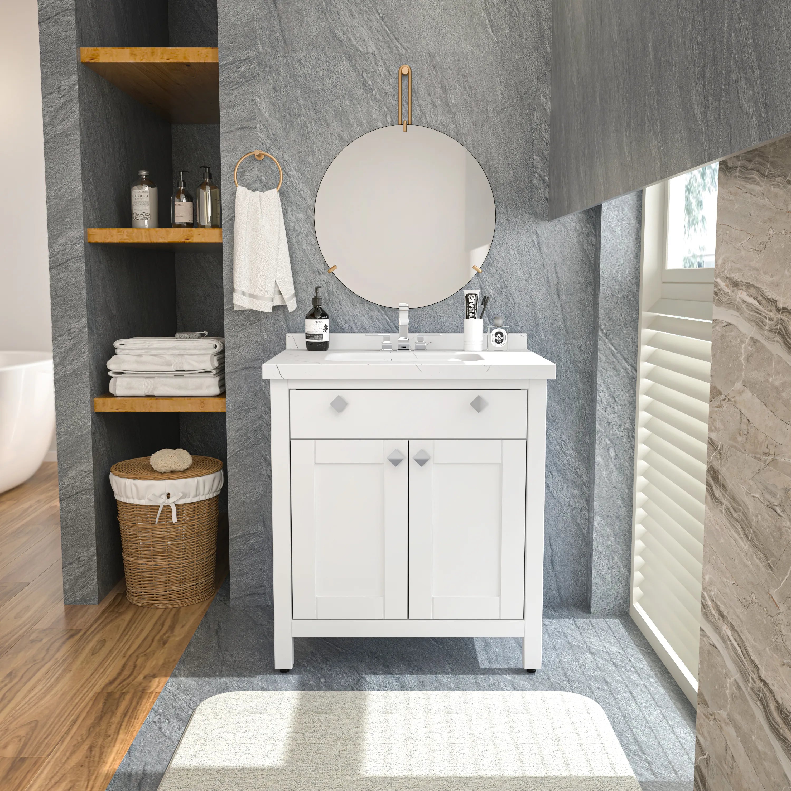 Kardelen 31" Wide Free-standing Single Bathroom Vanity with Engineered Marble Vanity Top