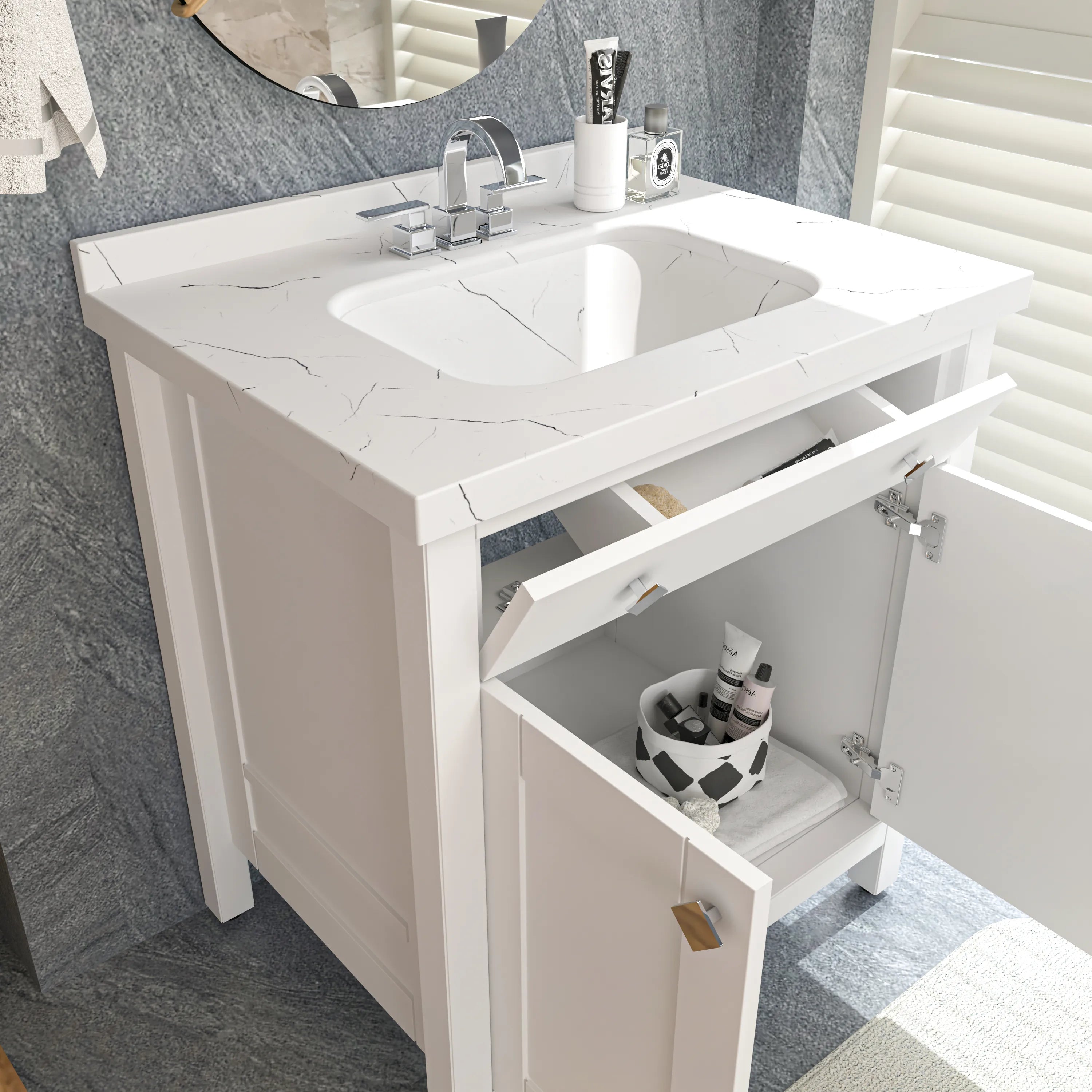 Kardelen 31" Wide Free-standing Single Bathroom Vanity with Engineered Marble Vanity Top