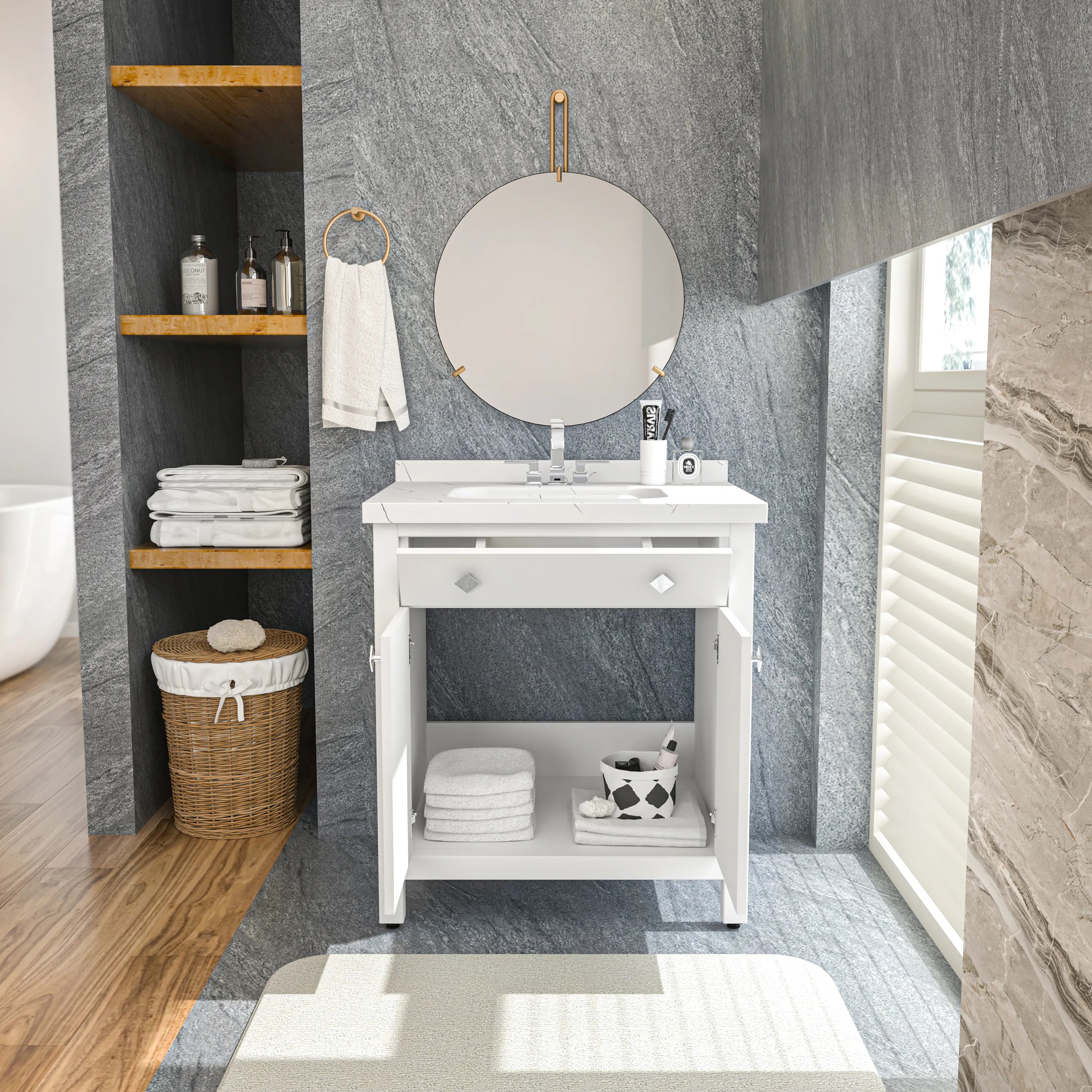 Kardelen 31" Wide Free-standing Single Bathroom Vanity with Engineered Marble Vanity Top